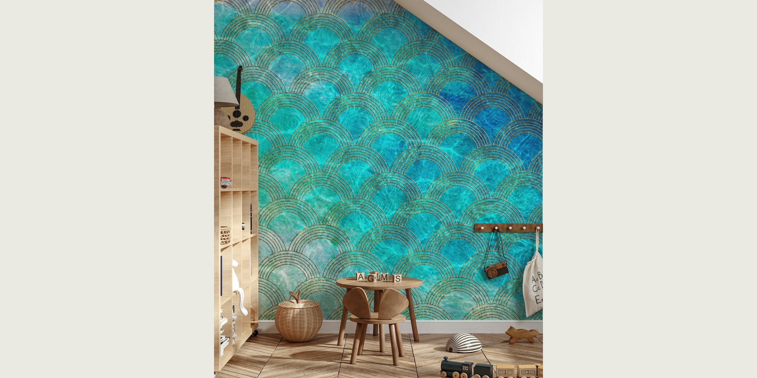 Ocean Mermaid Scales wall mural with shades of blue and green
