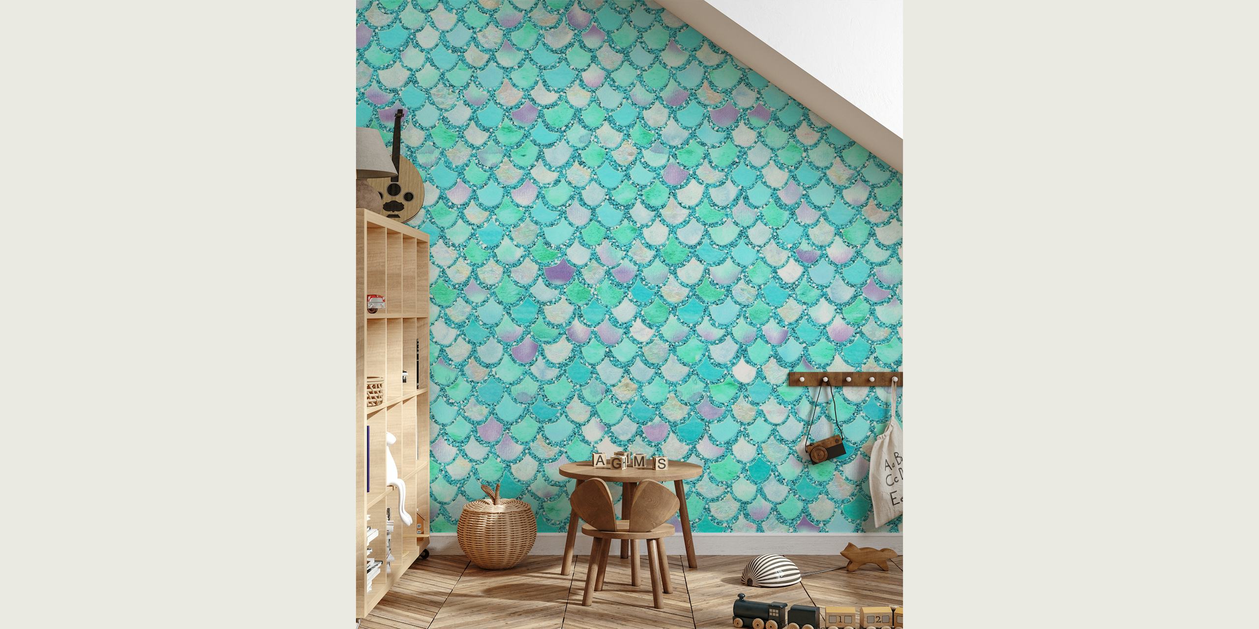 Teal Glitter Mermaid Scales wall mural with iridescent aquatic patterns