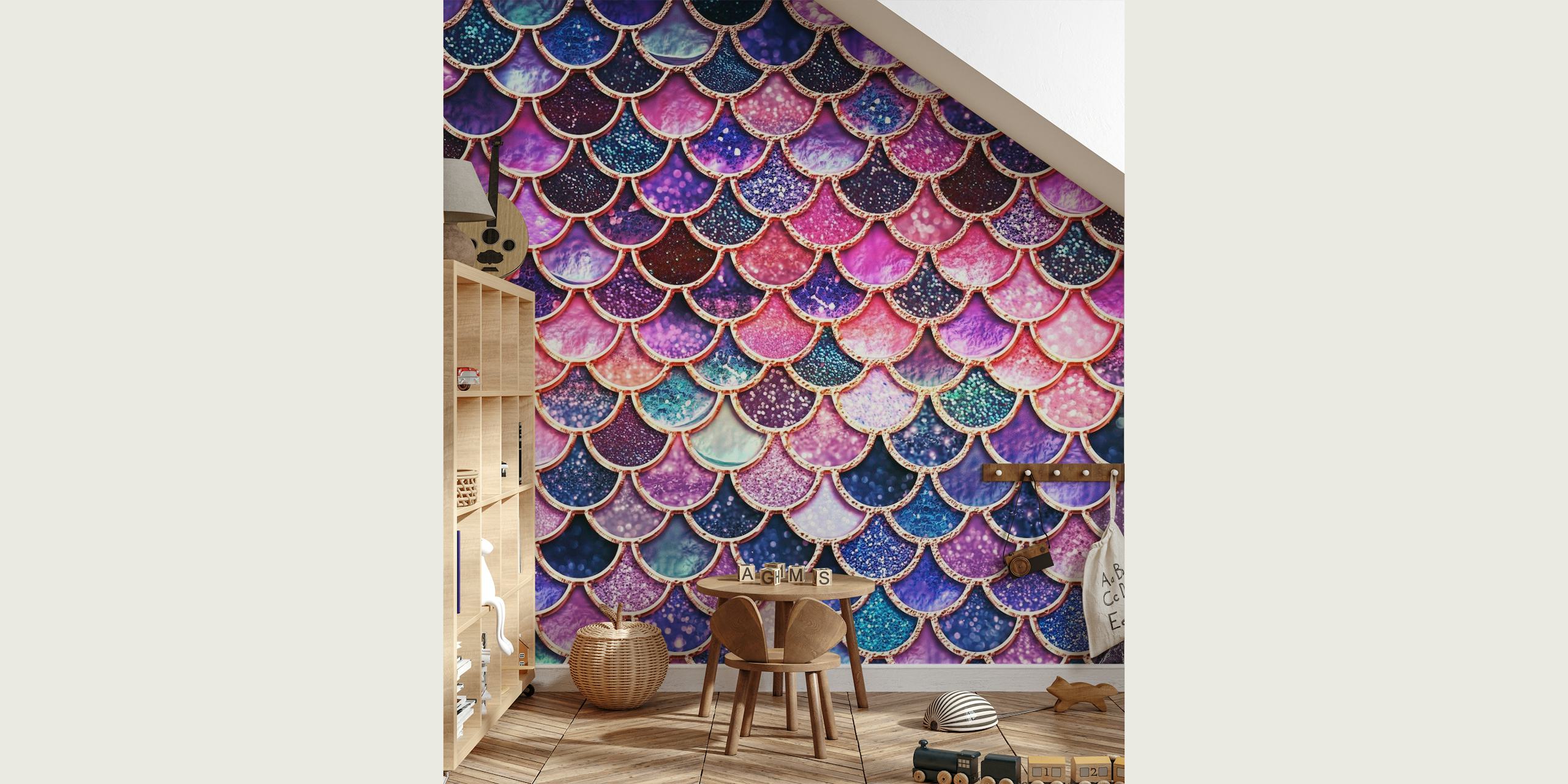 Magenta and blue mermaid scale pattern wall mural for interior decor