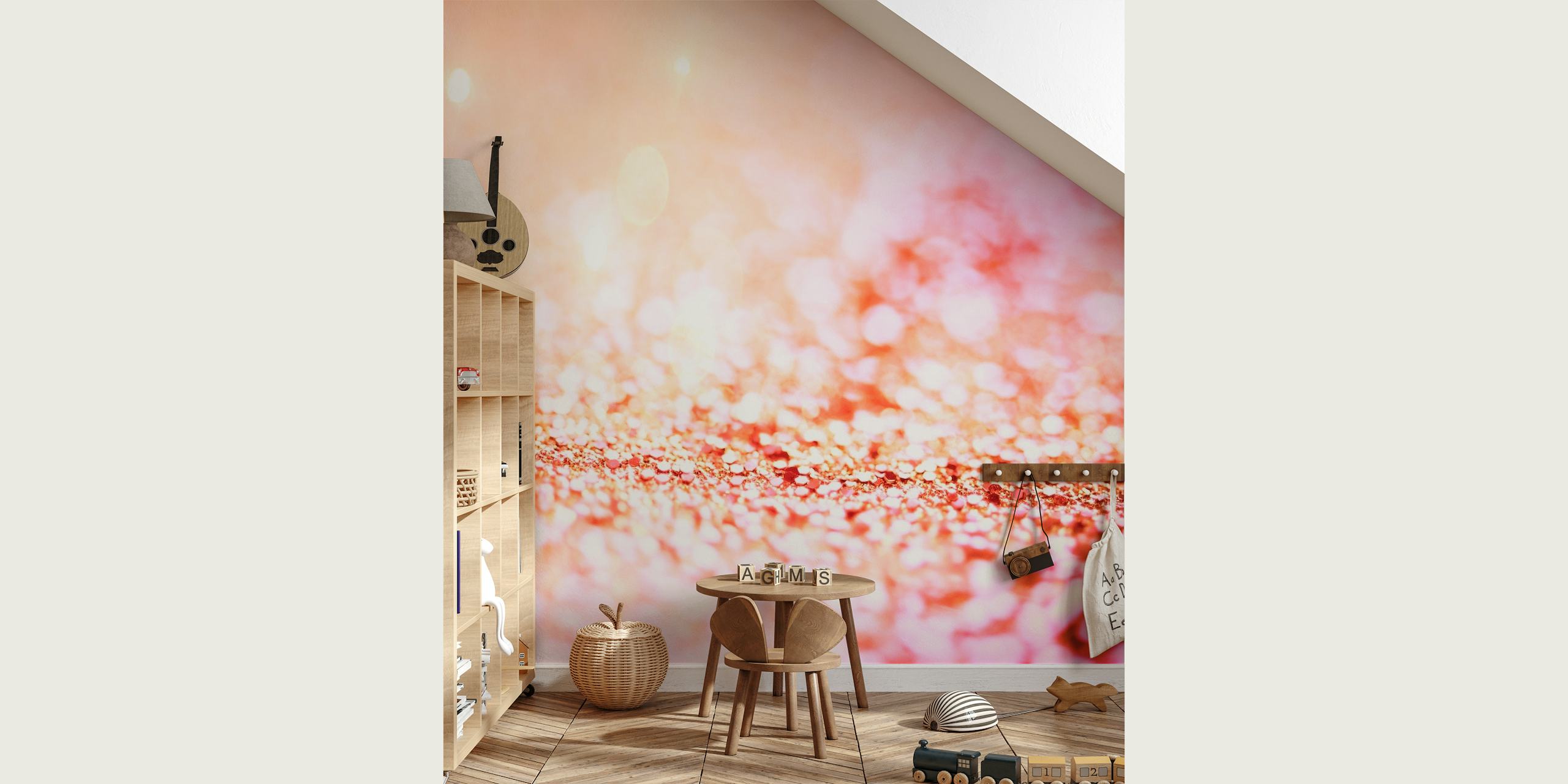 Vaaleanpunainen kimalteleva seinämaalaus valaisevalla kimallusefektillä, "Mermaid Pink Glitter Glamour" -design.