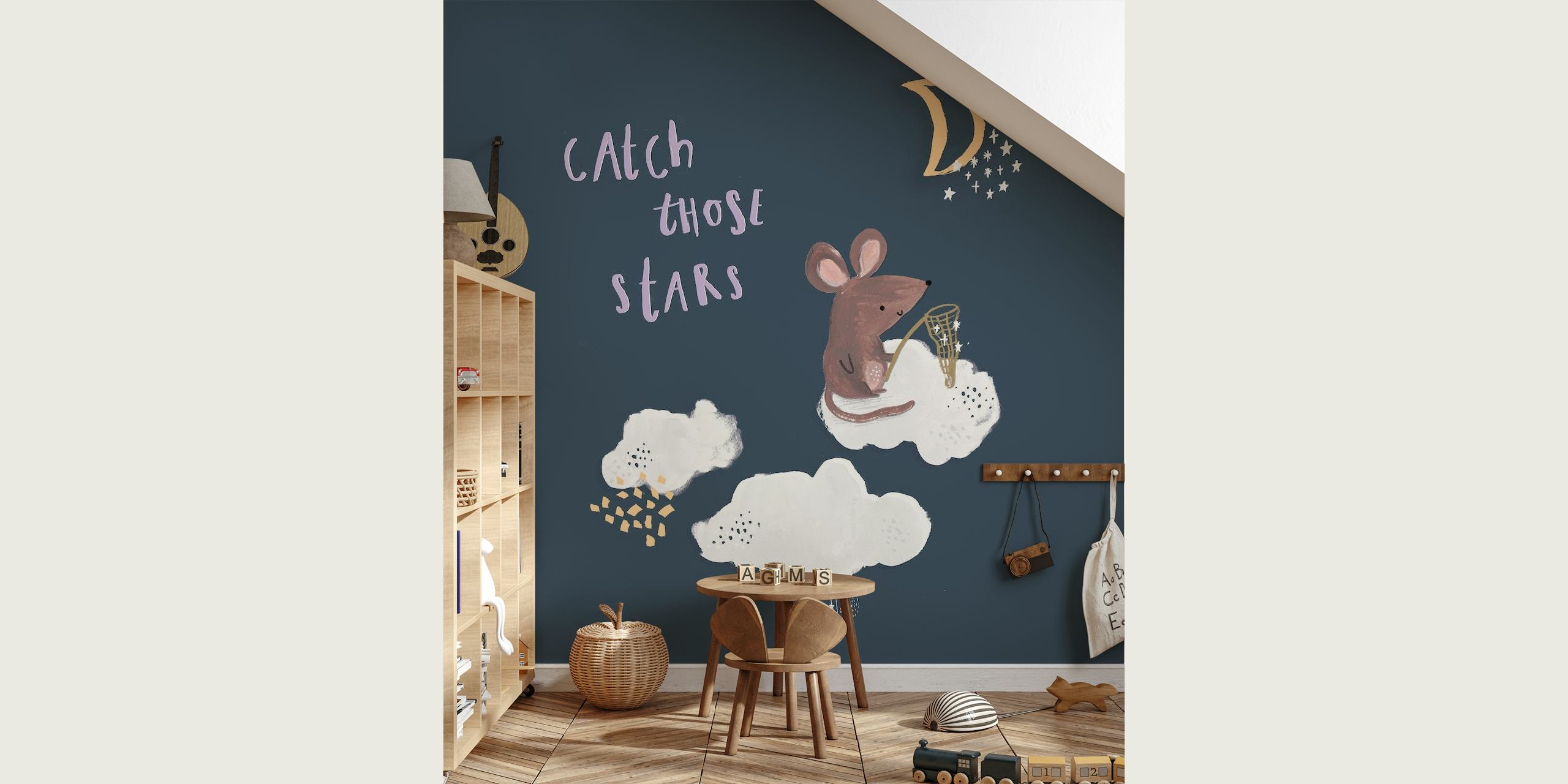 Whimsical wall mural with a creature reaching for the stars against a dark blue background, with clouds and a moon