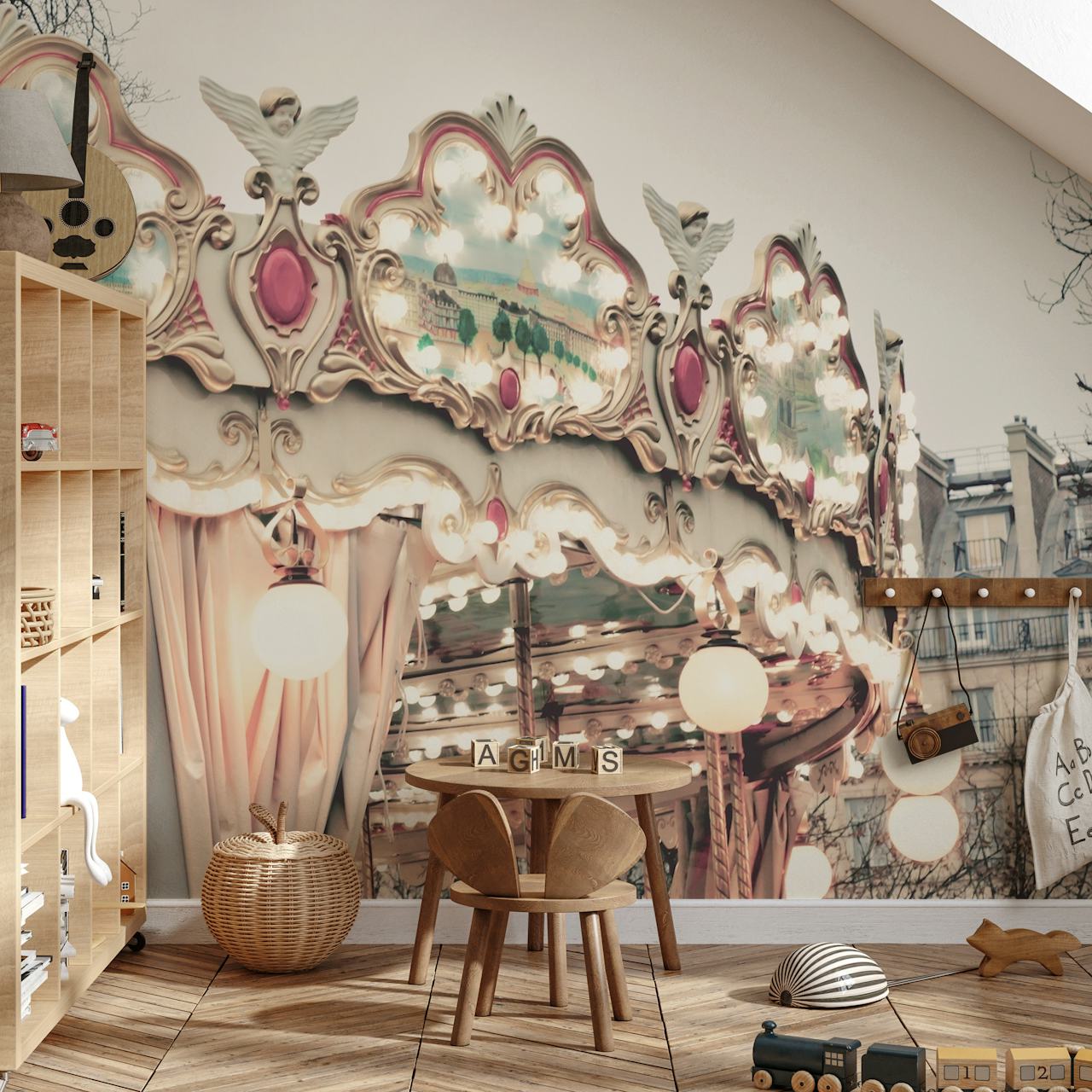 Vintage carousel wall mural with ornate detailing and soft glowing lights