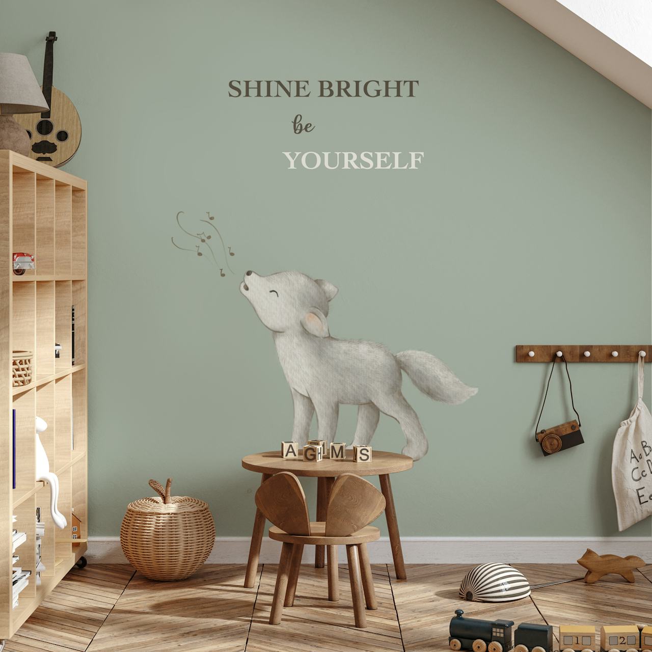 Wolf art wallpaper in een stijlvolle kamer