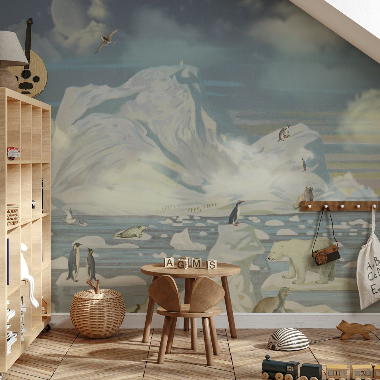 Polar bears, penguins, and seals on icebergs with a night sky wallpaper