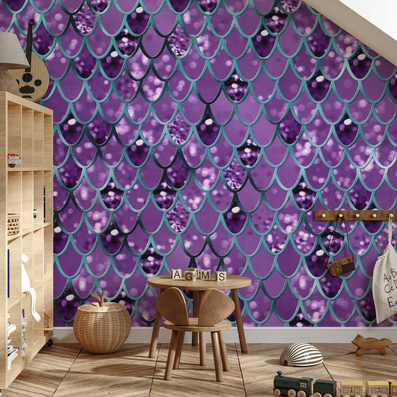 Purple teal mermaid scales wallpaper with shimmering elements