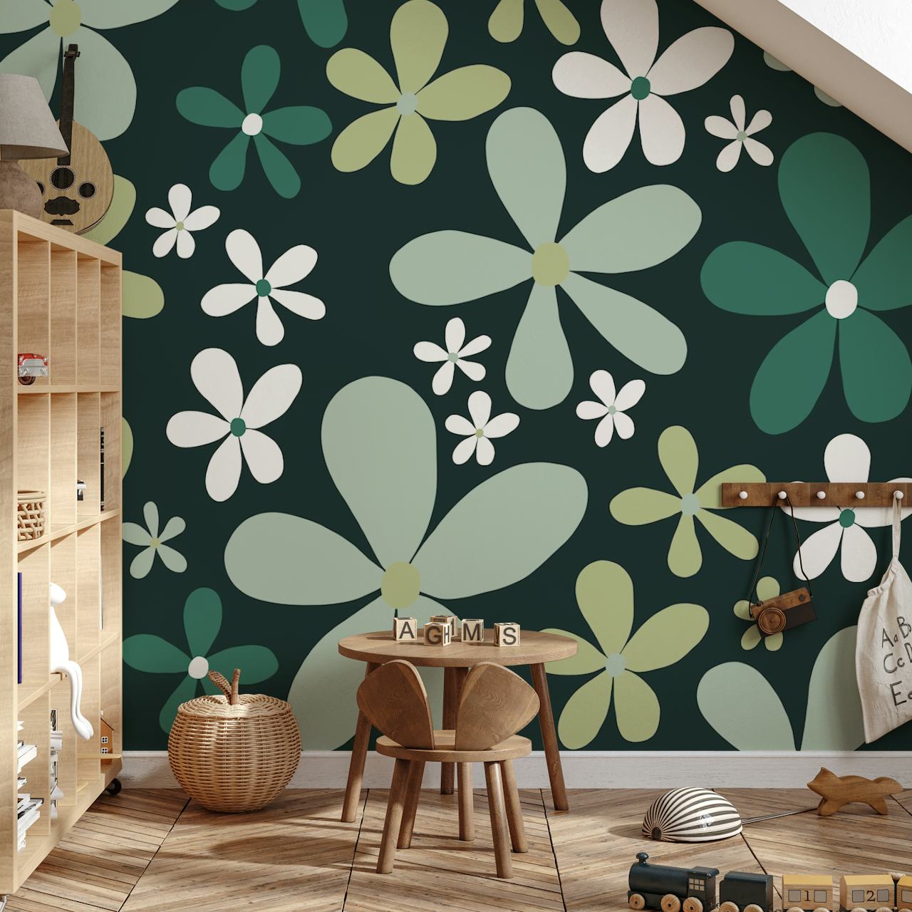 Retro Spring Daisies tapetdesign i et rom