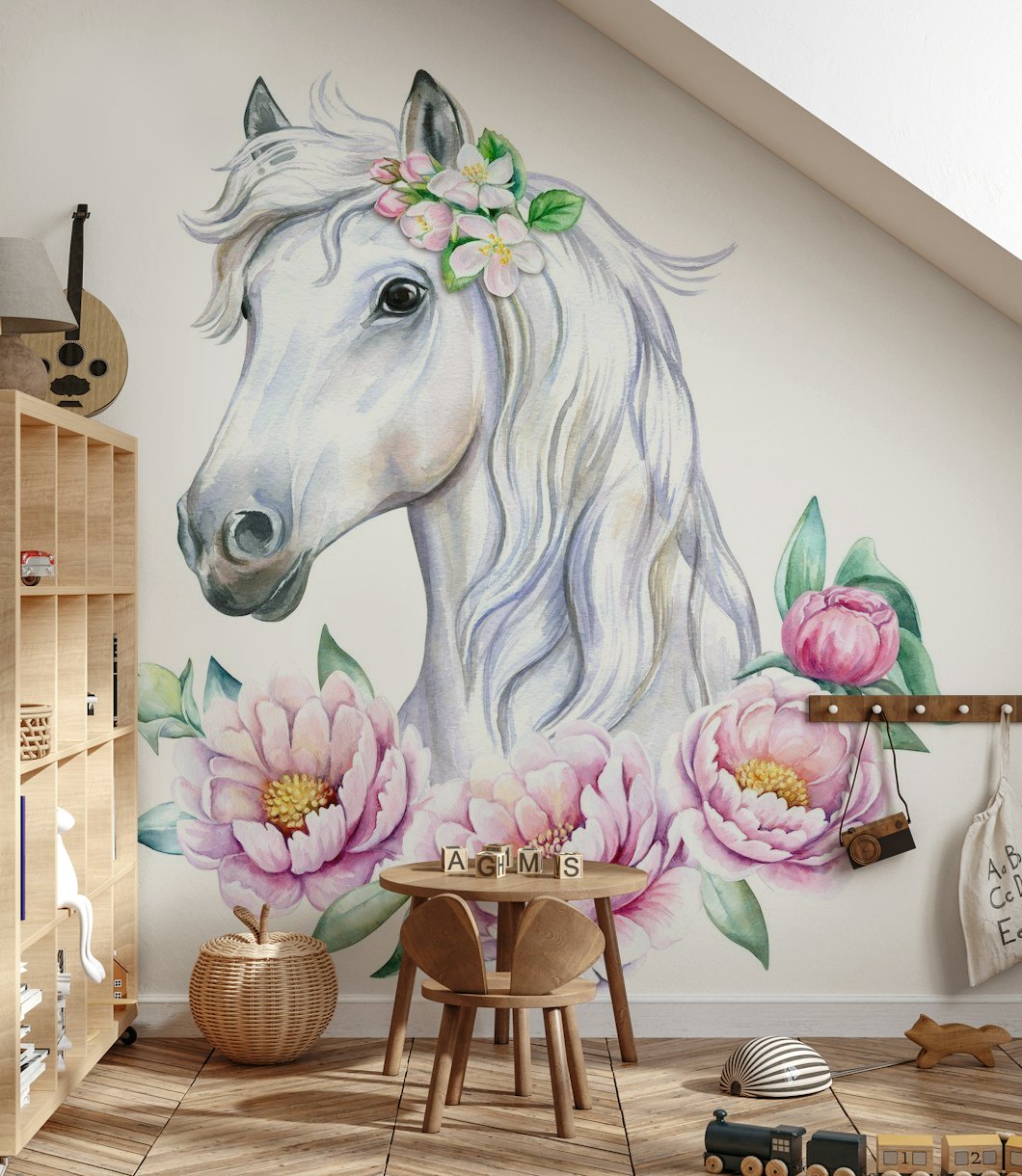 White horse with flowers wallpaper