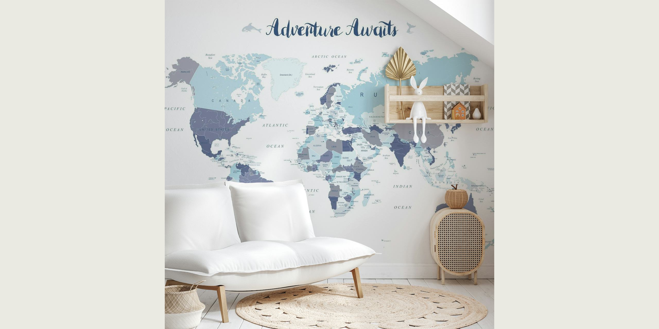 Stylish 'Adventure Awaits World Map' wall mural with soft color palette and clear cartographic details