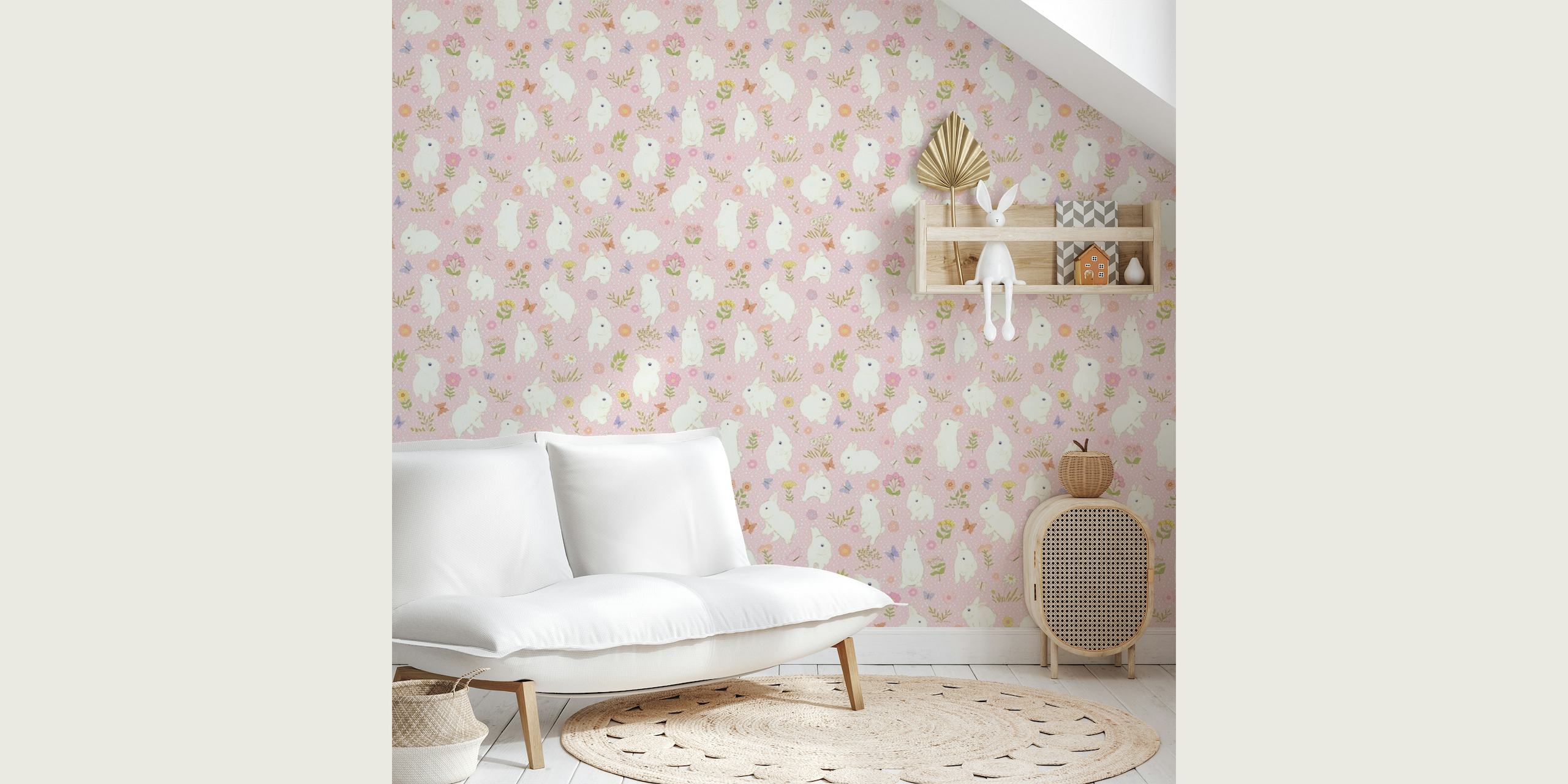 Cute white bunnies pattern on a pink background wall mural