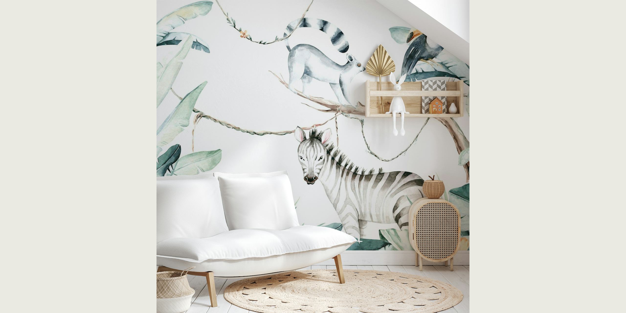 Exotic Madagascar Jungle wall mural with zebra-striped animals and tropical plants