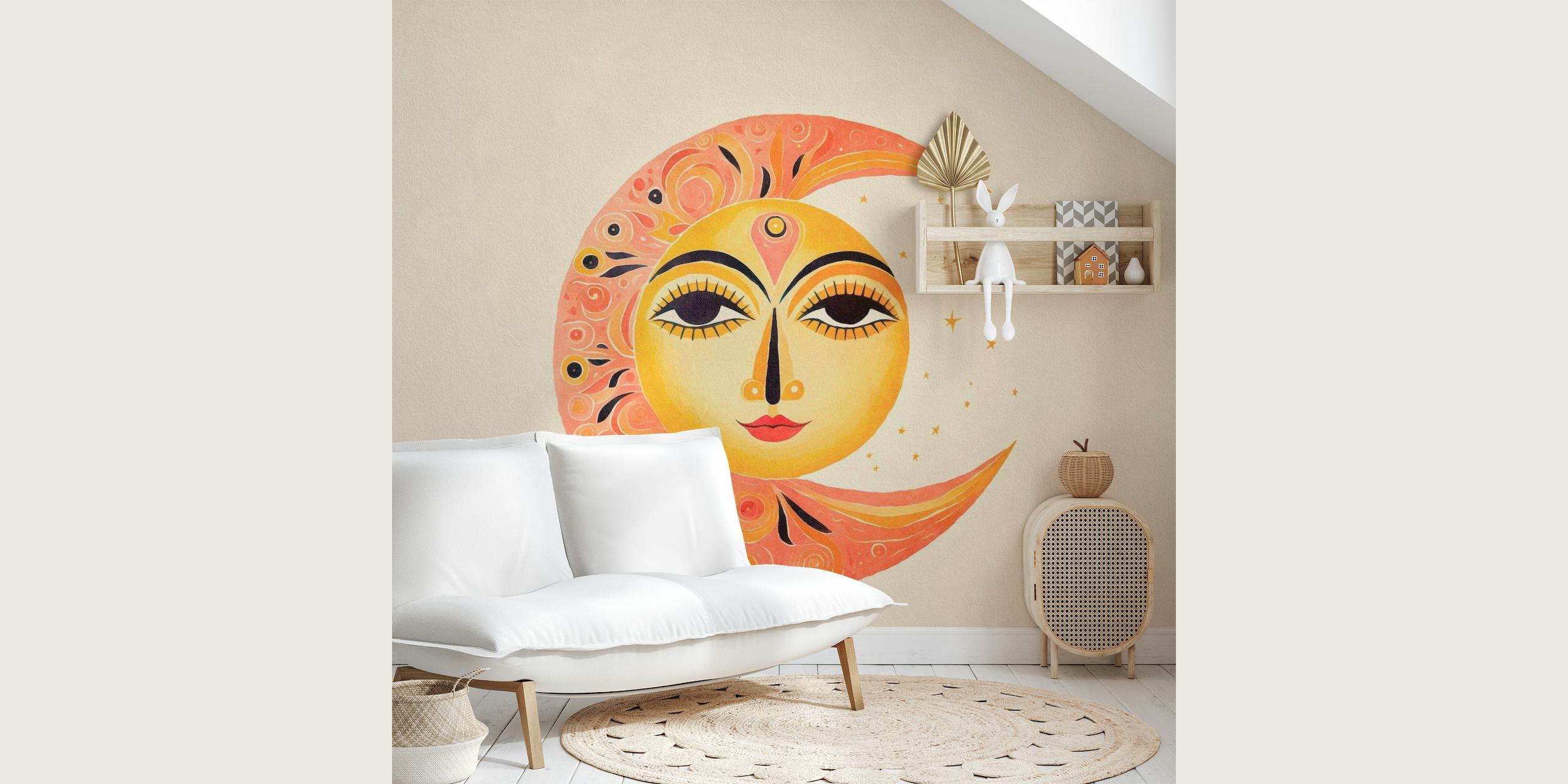 Grillige Sun Moon Face muurschildering met harmonieus zon- en maanontwerp