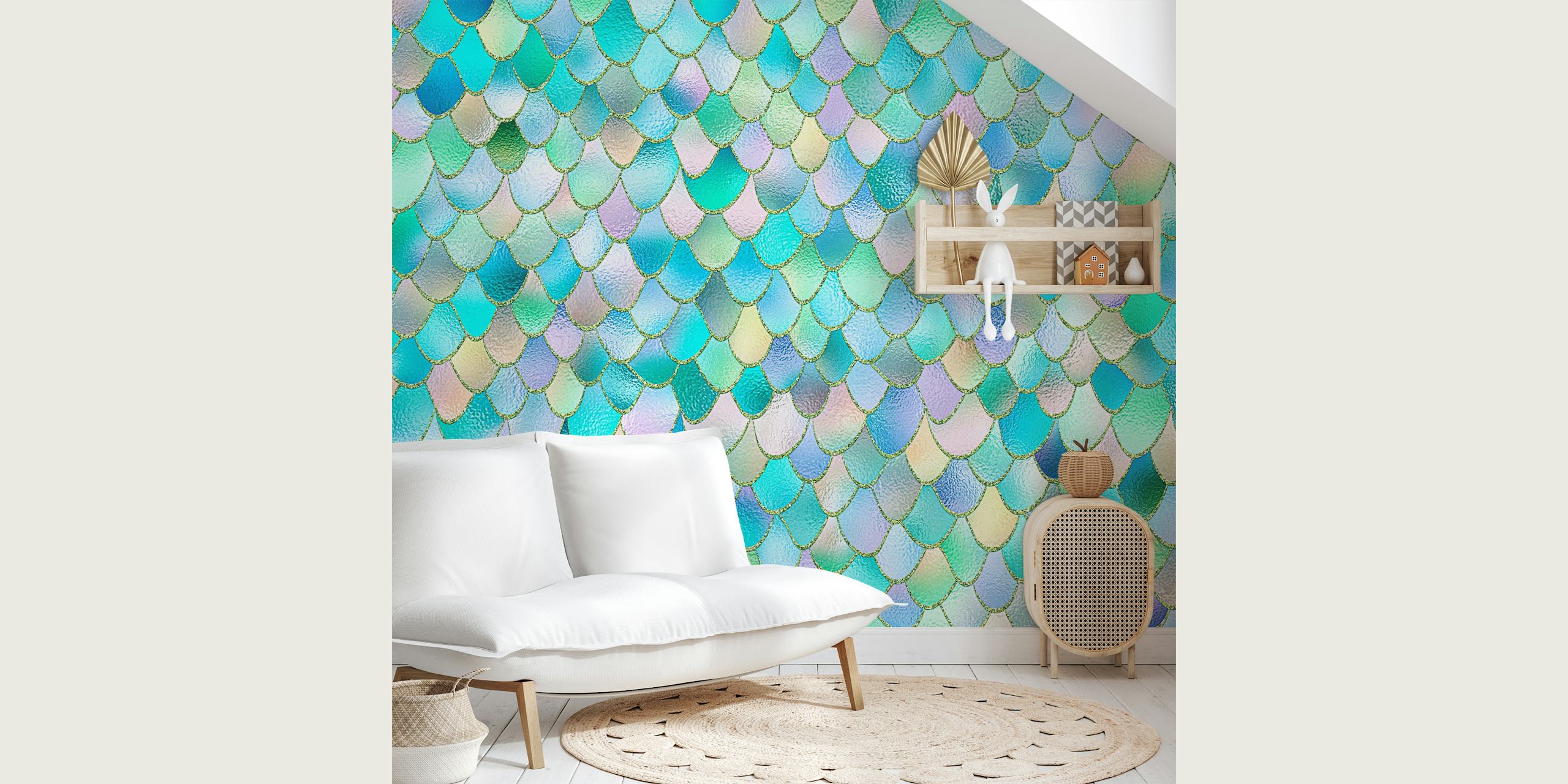 Teal Metal Mermaid Scales wallpaper in a room