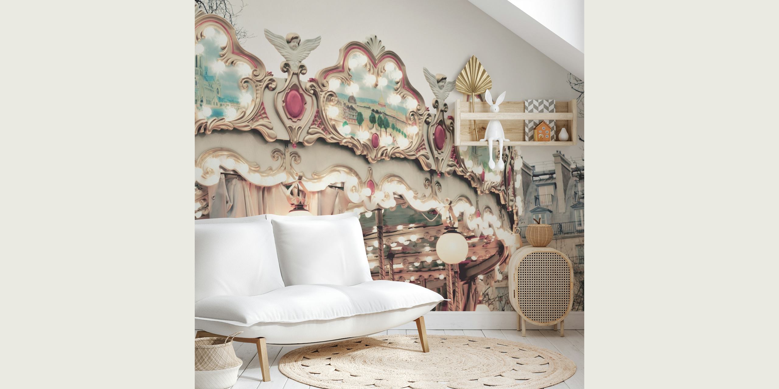 Vintage carousel wall mural with ornate detailing and soft glowing lights