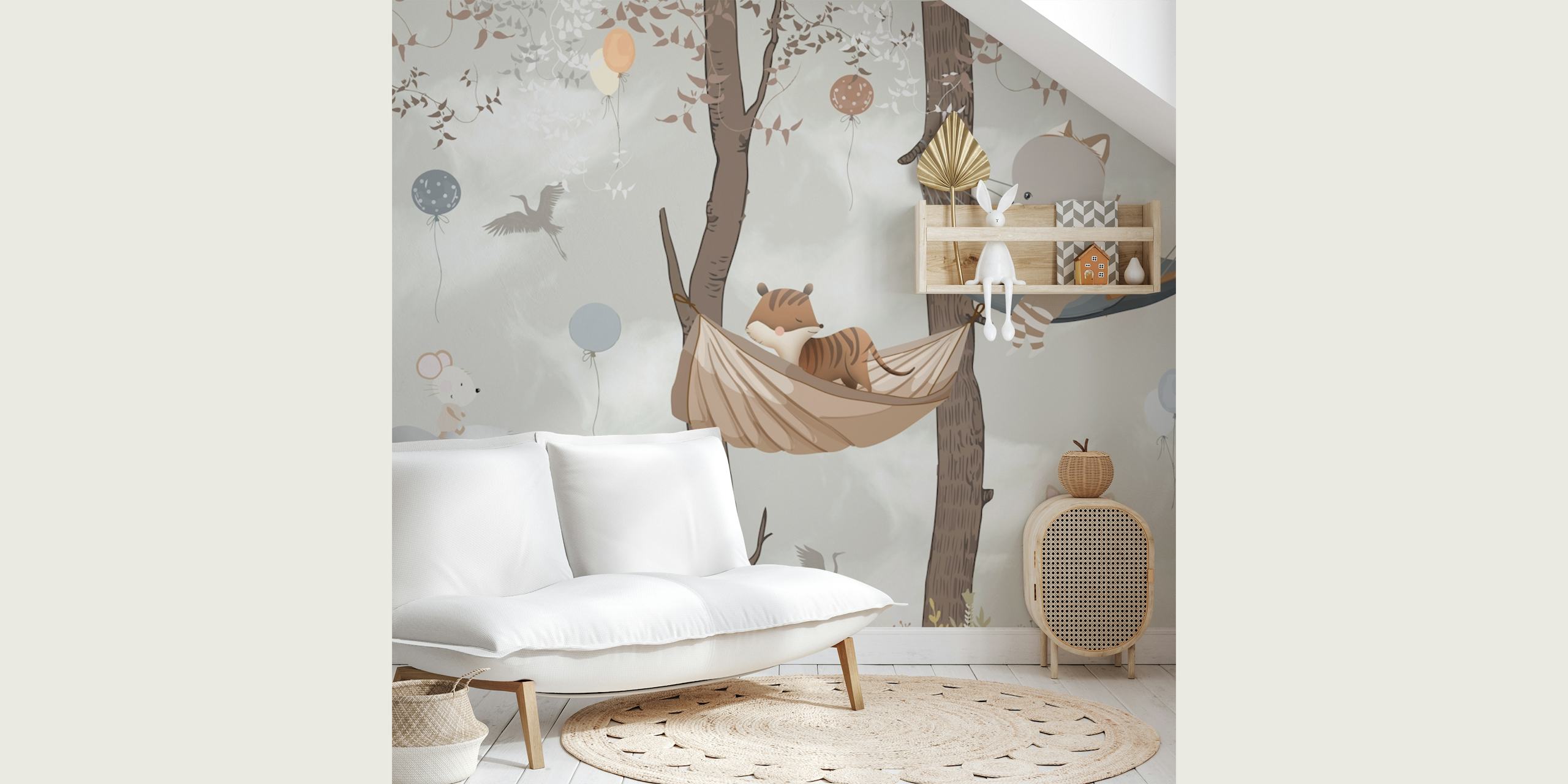 Cute animal forest featuring elephants, raccoons, and balloons in soft colors wallpaper