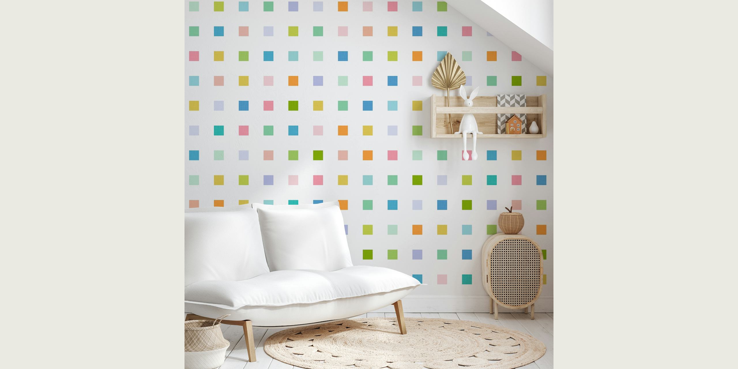 Pastel geometry ditsy checks wallpaper in a room