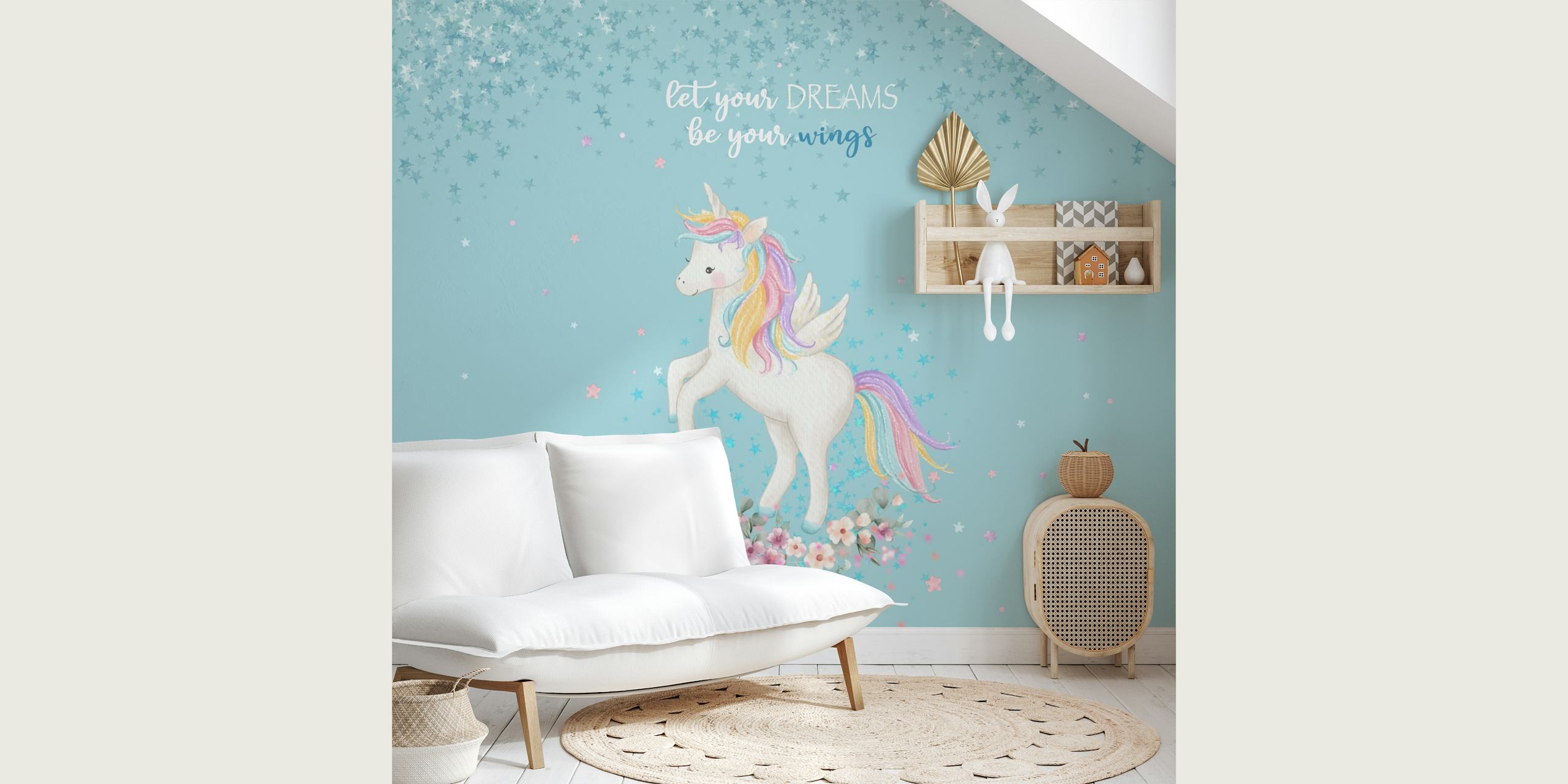 White unicorn with rainbow mane on pastel blue background wallpaper