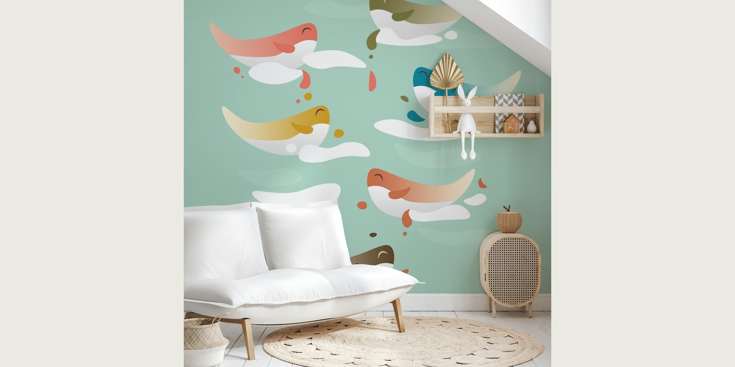 Whale fly behang in een kleurrijke kamer