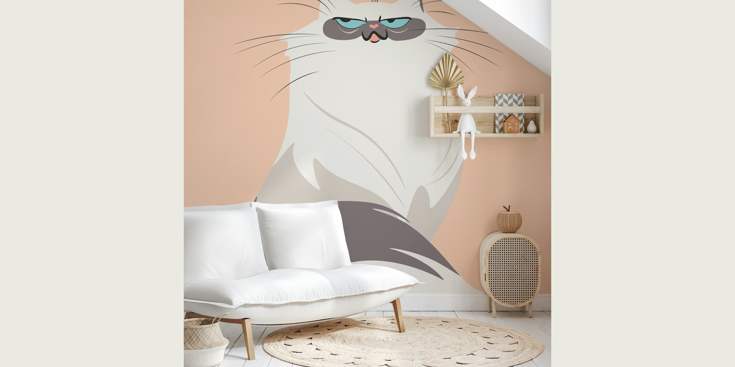 Cartoon-style cat with fluffy fur and playful demeanor on peach wallpaper