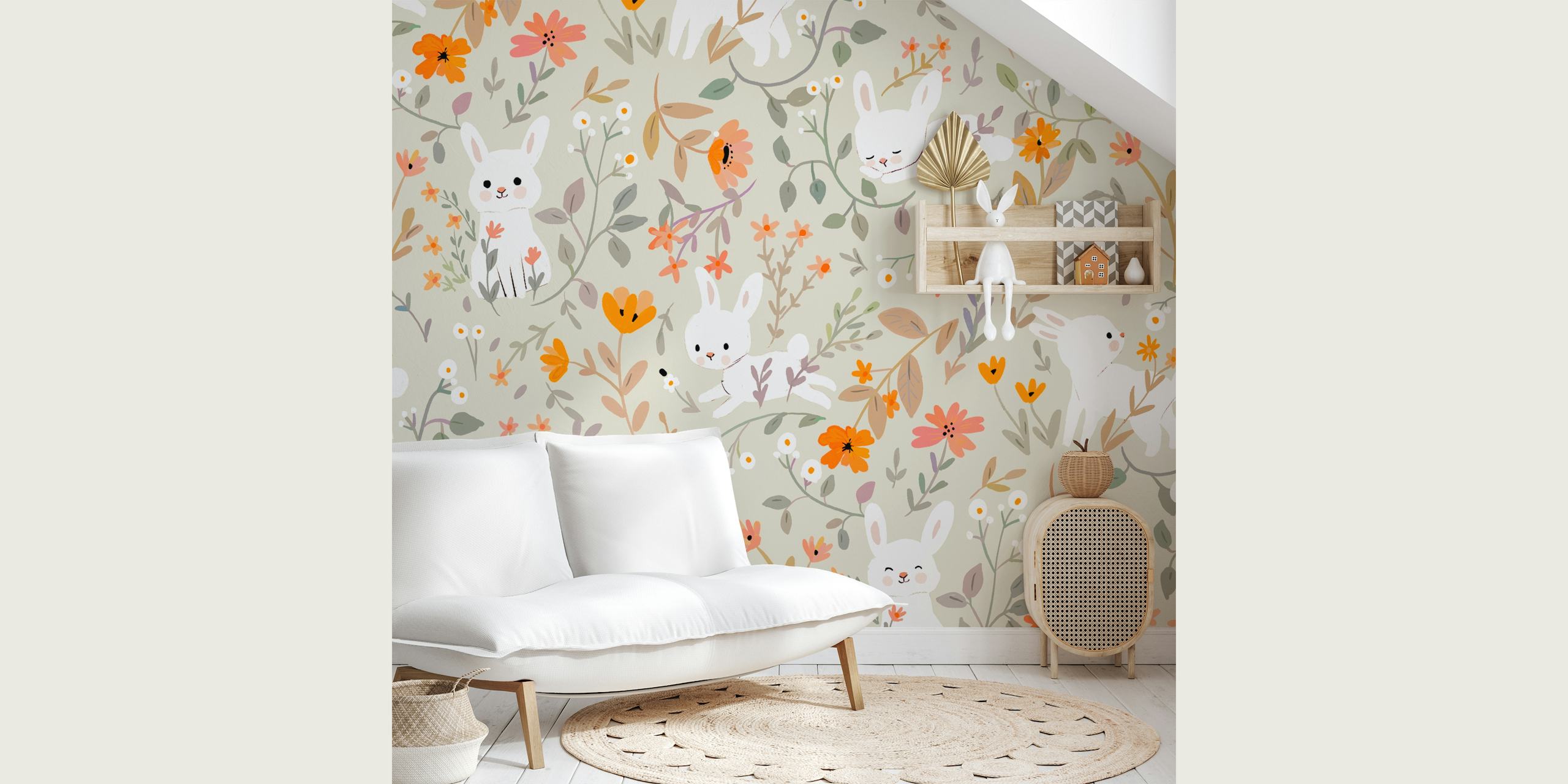 Pastel floral wallpaper with white rabbits and colorful flowers