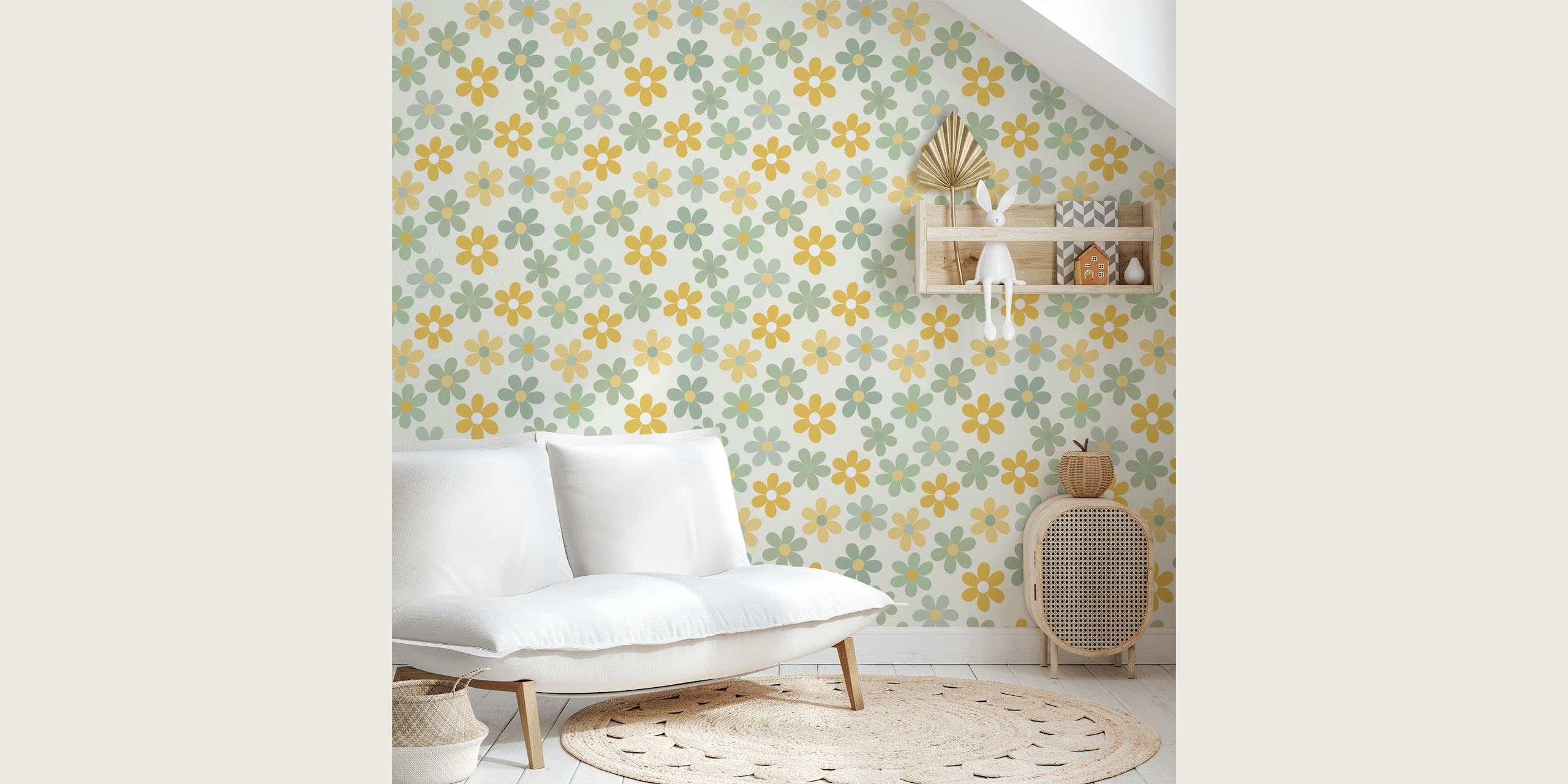 Floral pattern with green and yellow flowers on cream background wallpaper