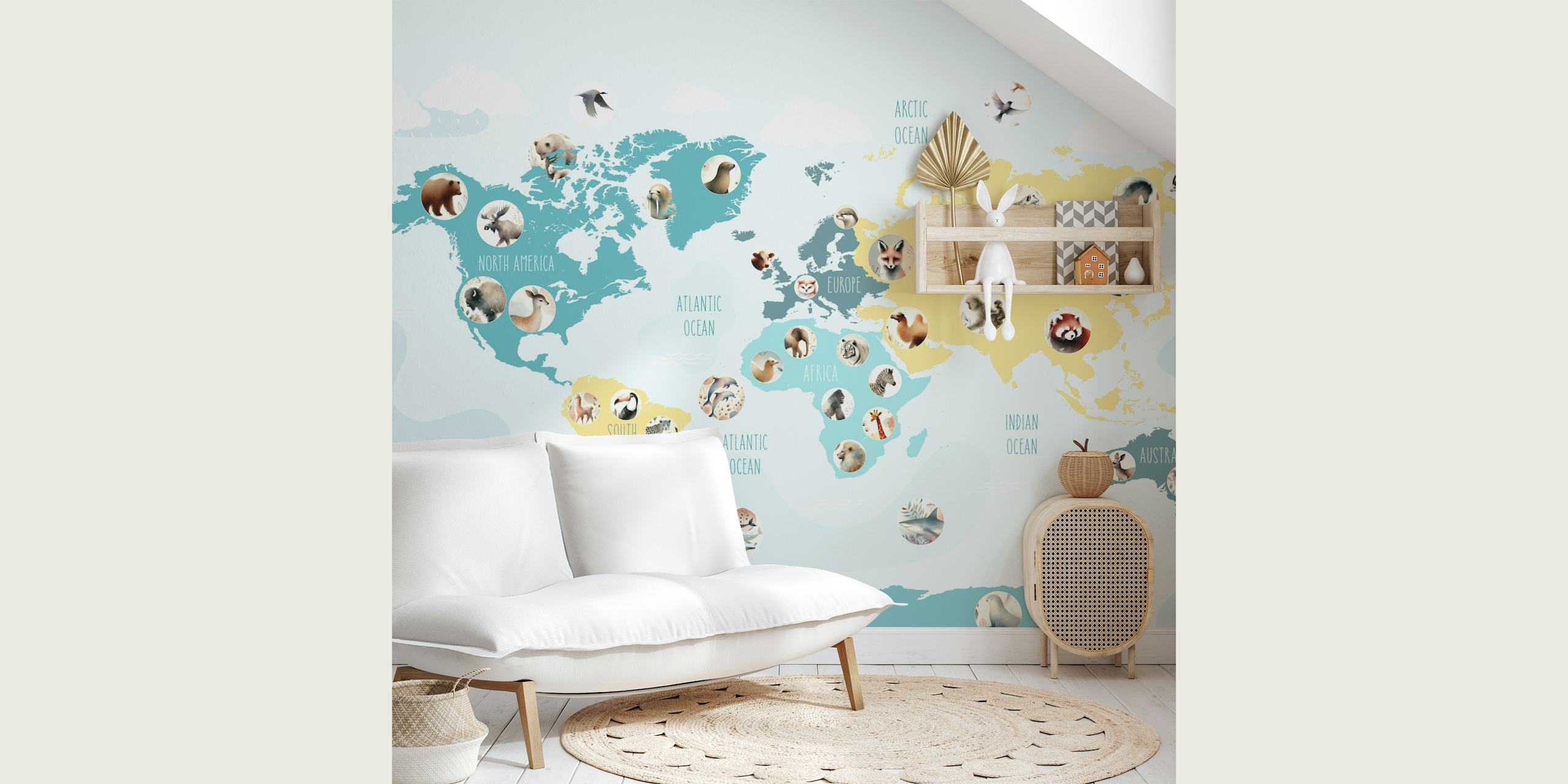 Teal wildlife world map wallpaper in a room.