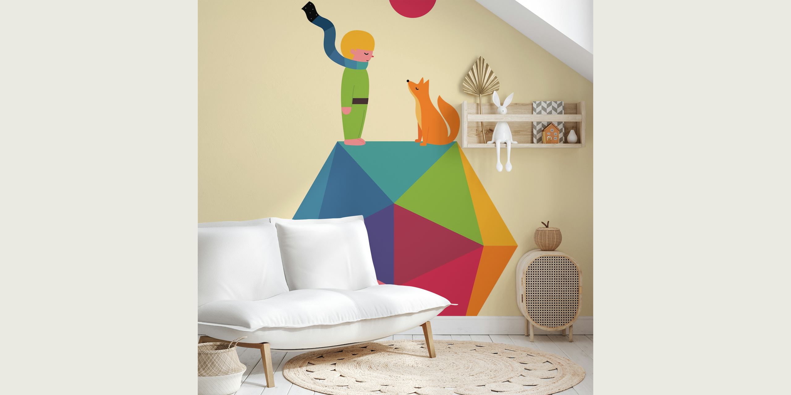 Whimsical wallpaper featuring a child and a fox