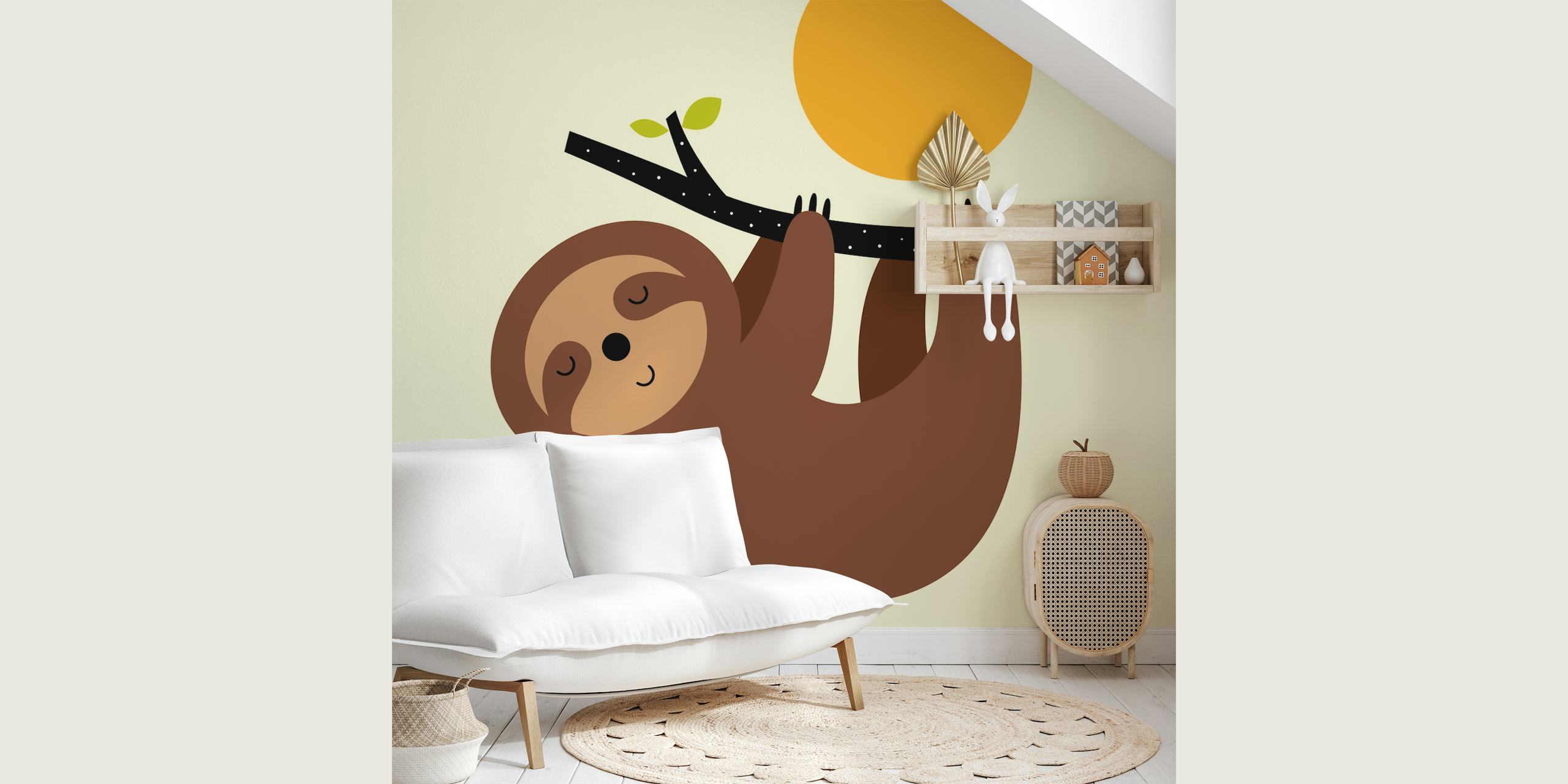 Cartoon sloth holding a branch with a sun and mountains wallpaper