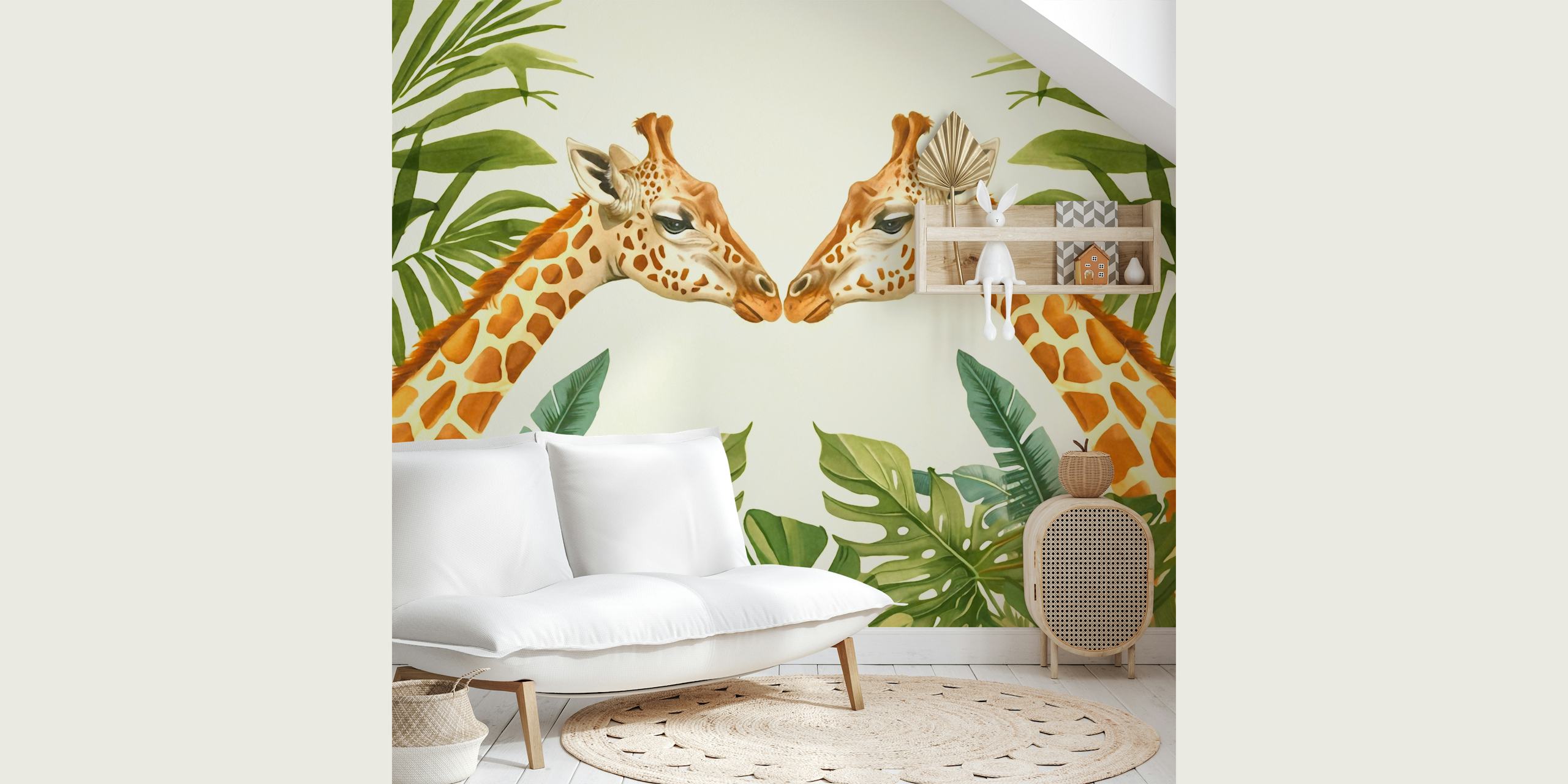 Two giraffes amid tropical green leaves wall mural
