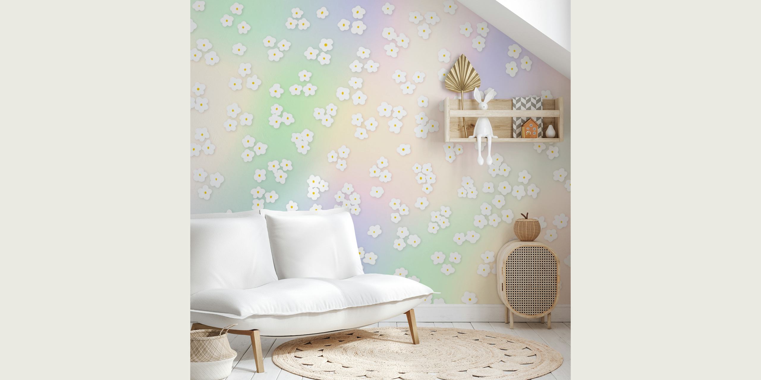 Happy Daisy Flower Rainbow papel de parede em um quarto