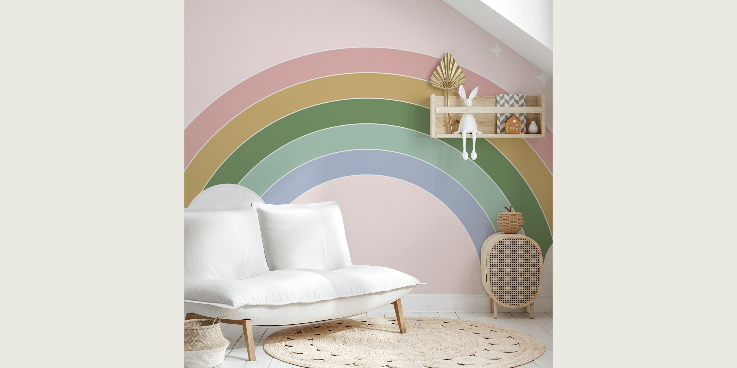 Pastel rainbow and clouds wallpaper in a room