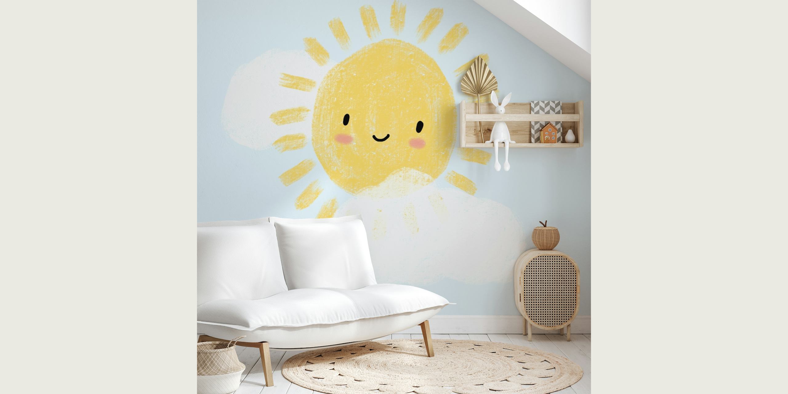 Smiling sun with rays and fluffy clouds on blue background wallpaper