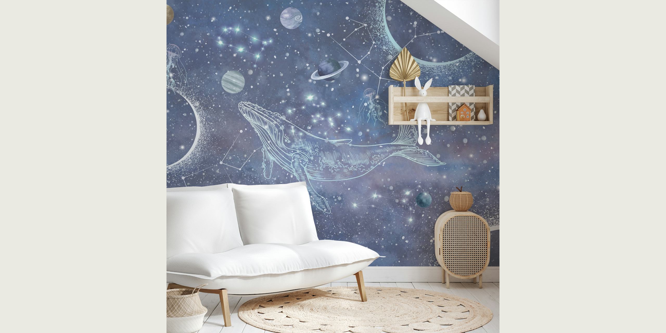 Whale design wallpaper in a room setting