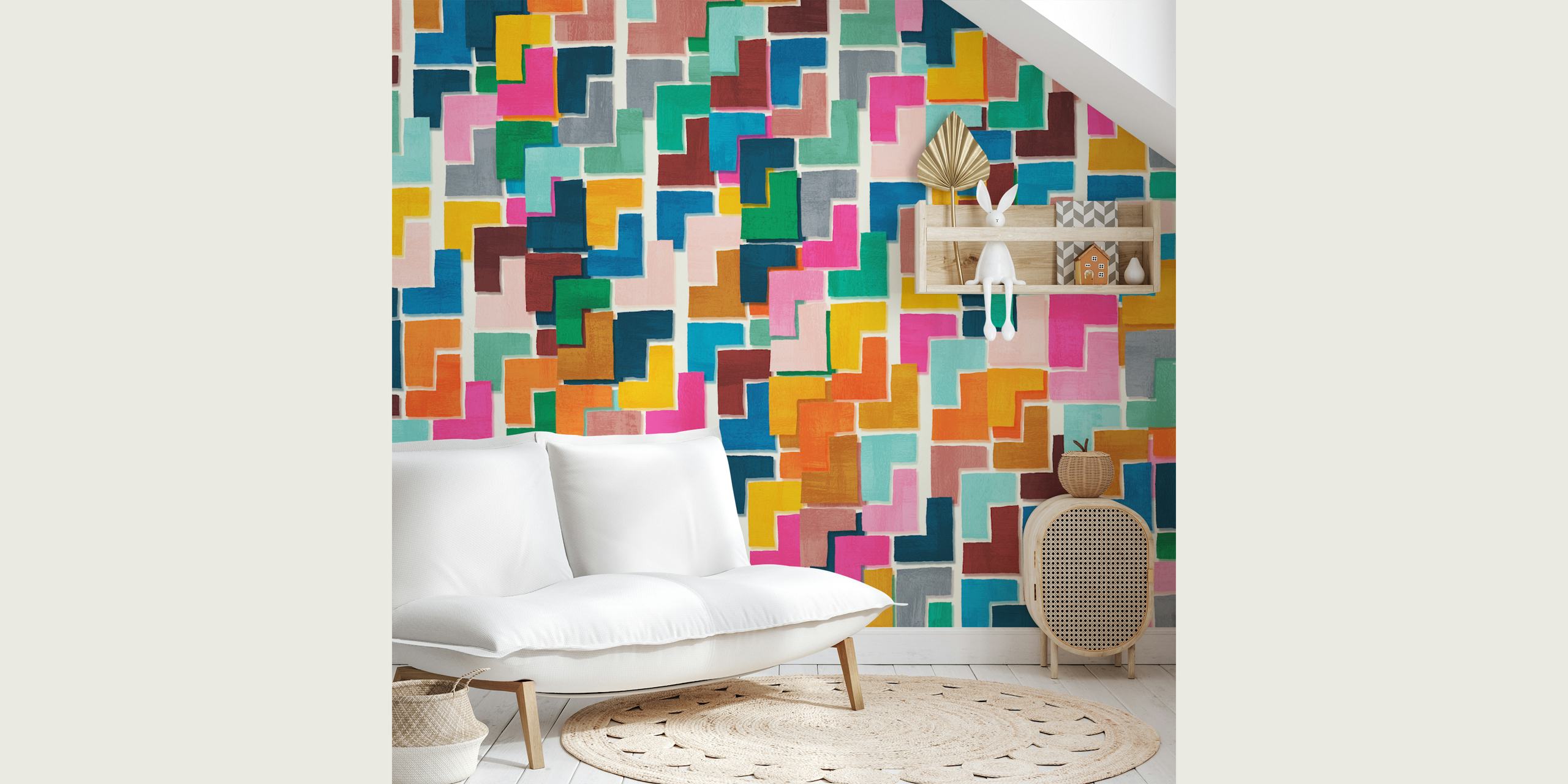 Colorful abstract Tetris pieces wallpaper in a room