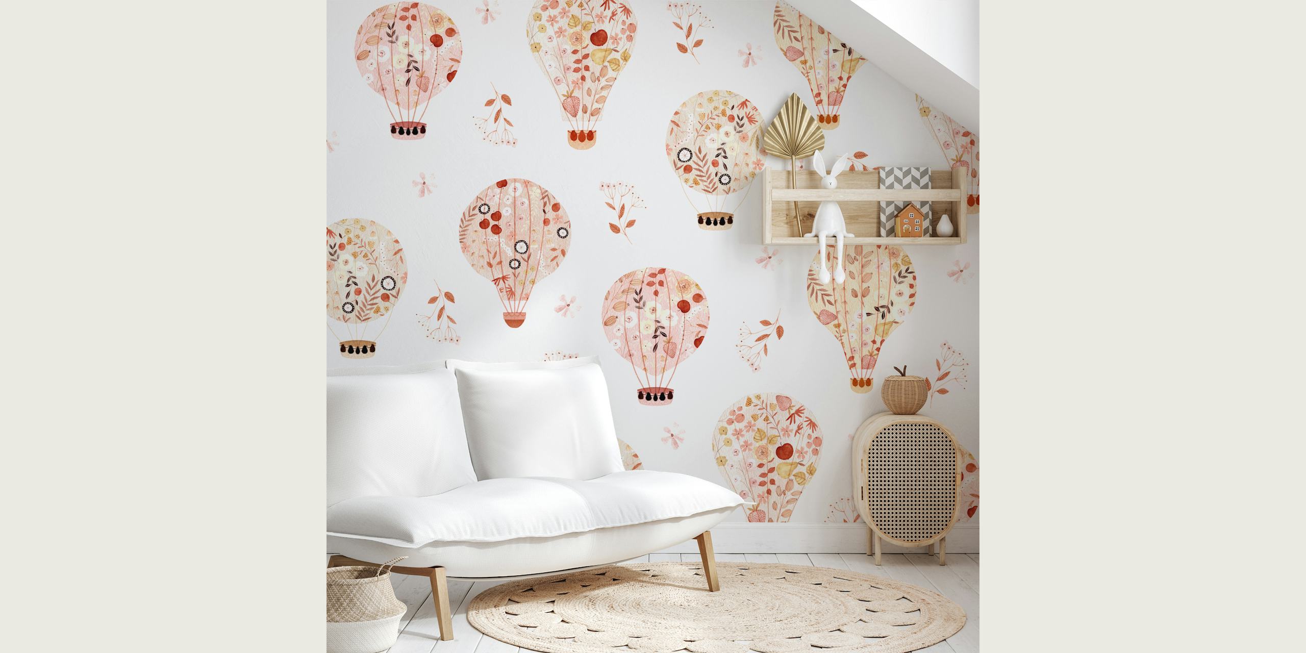 Pink floral hot air balloons on a white background wallpaper
