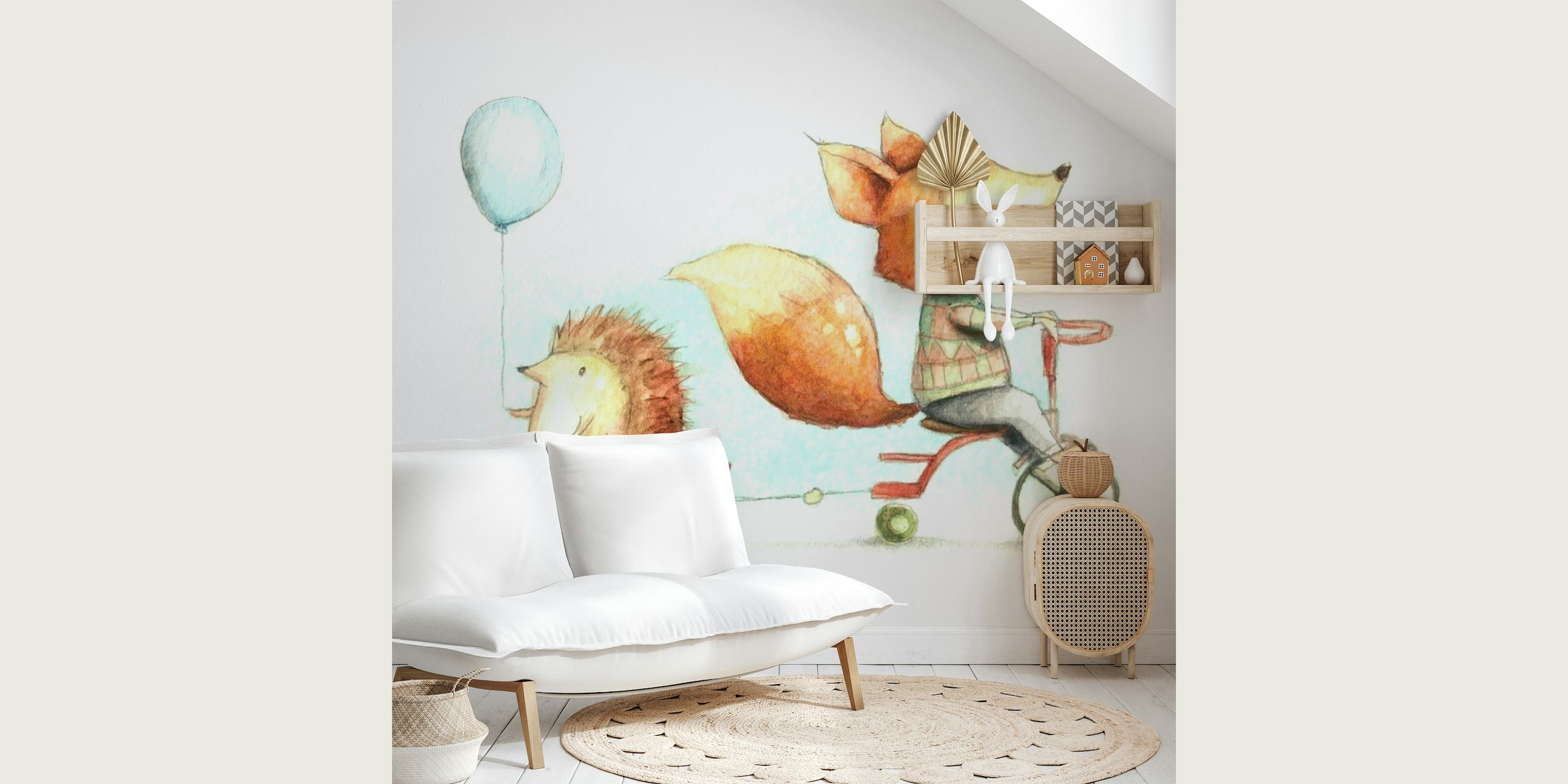 Illustration of a fox riding a bicycle with a hedgehog in a wagon for 'Best Friends' wall mural