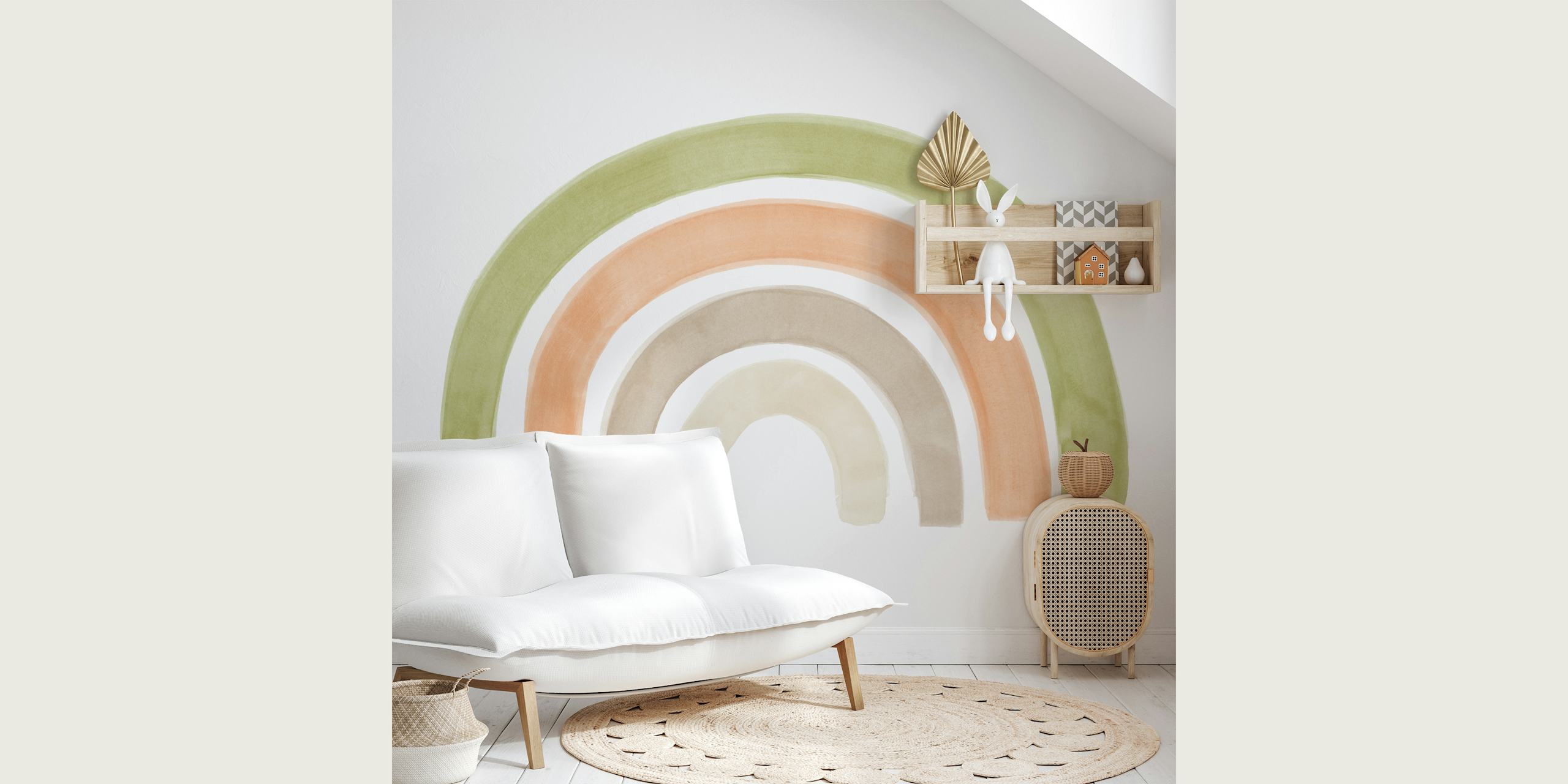 Multi-colored watercolor rainbow in green, peach and beige wallpaper