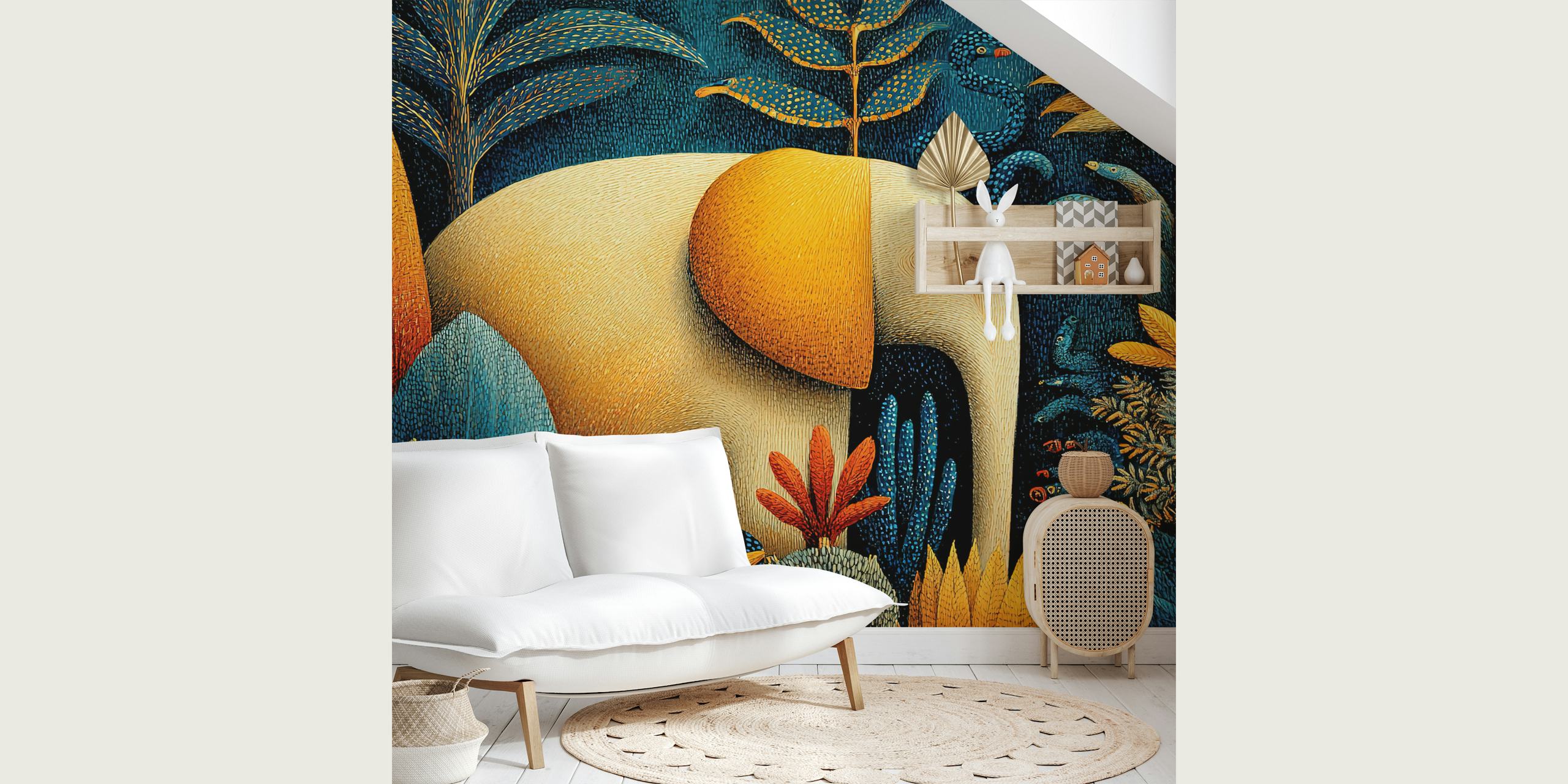 A colorful elephant amidst tropical plants and leaves in blue, orange, and green wallpaper