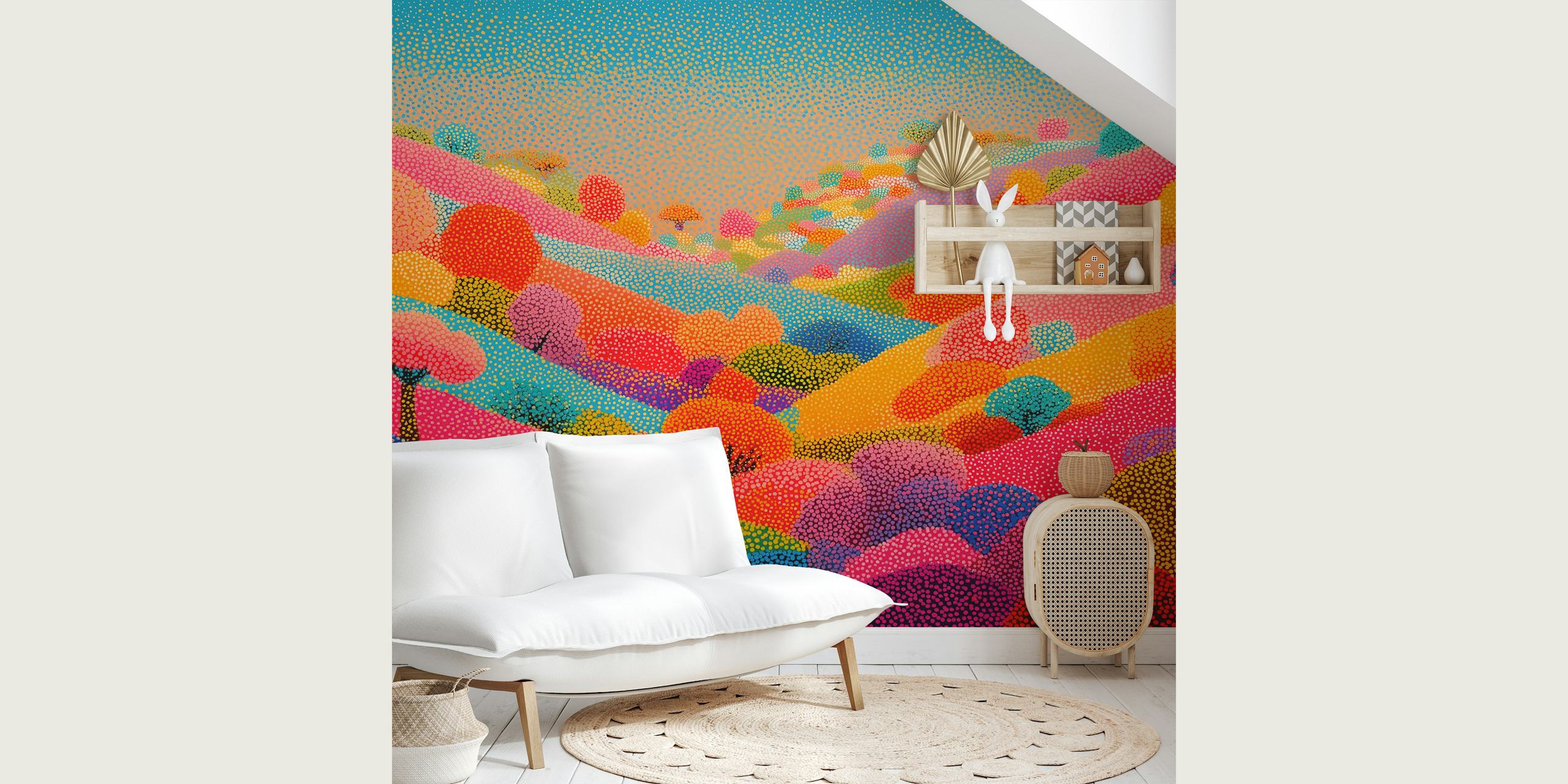Colorful hills with trees and dots in vibrant colors pointillist wallpaper