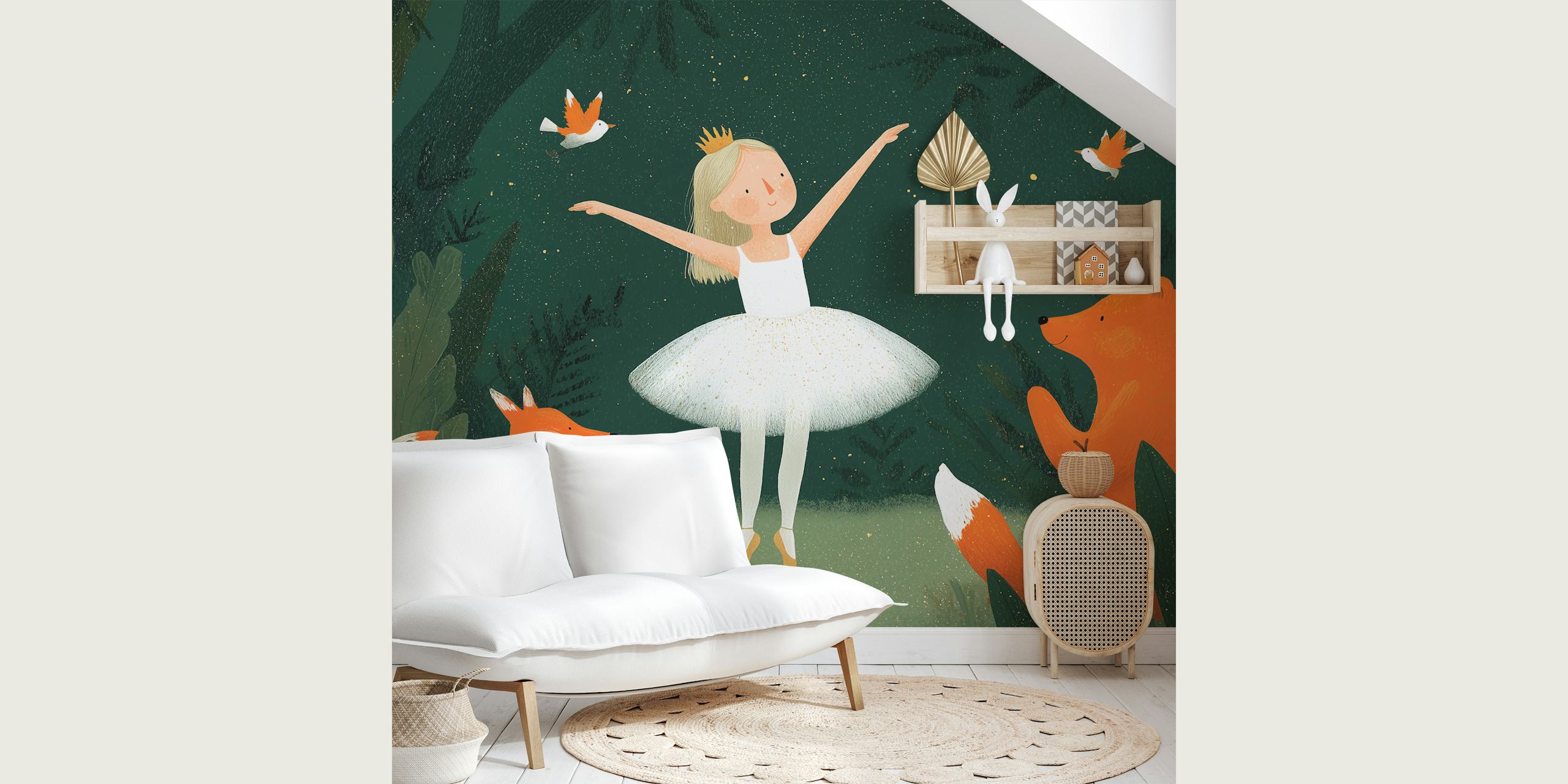 Enchanting forest ballet wallpaper in a room