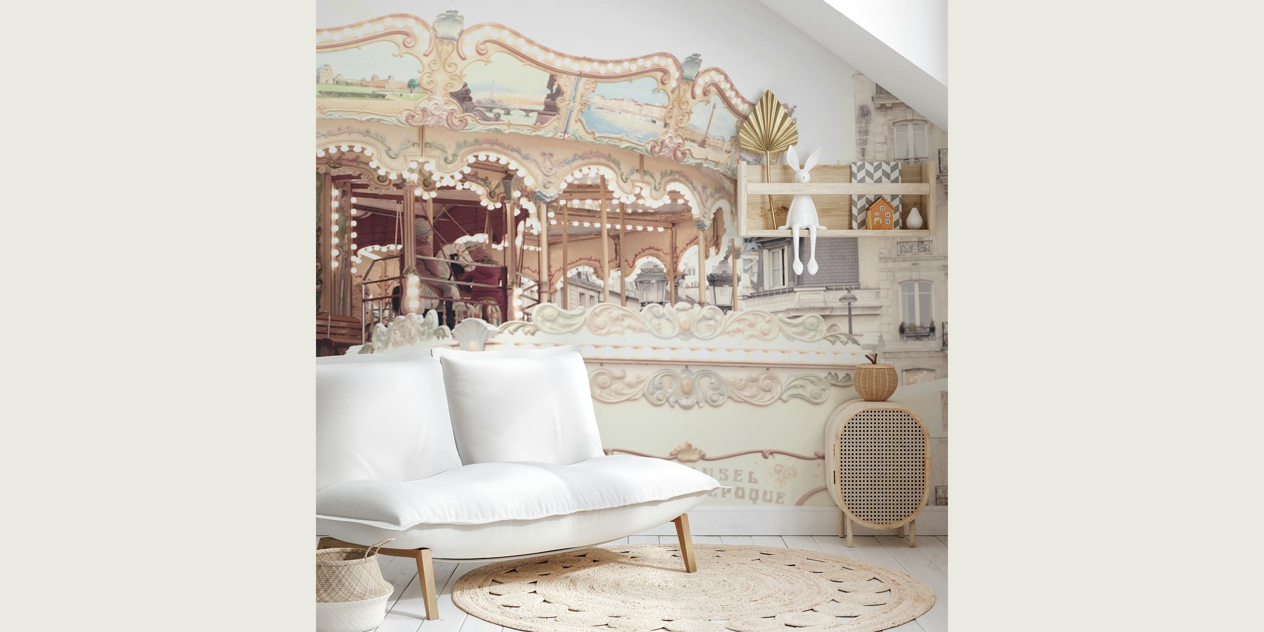 Vintage carousel scene with pastel decor and lights wallpaper