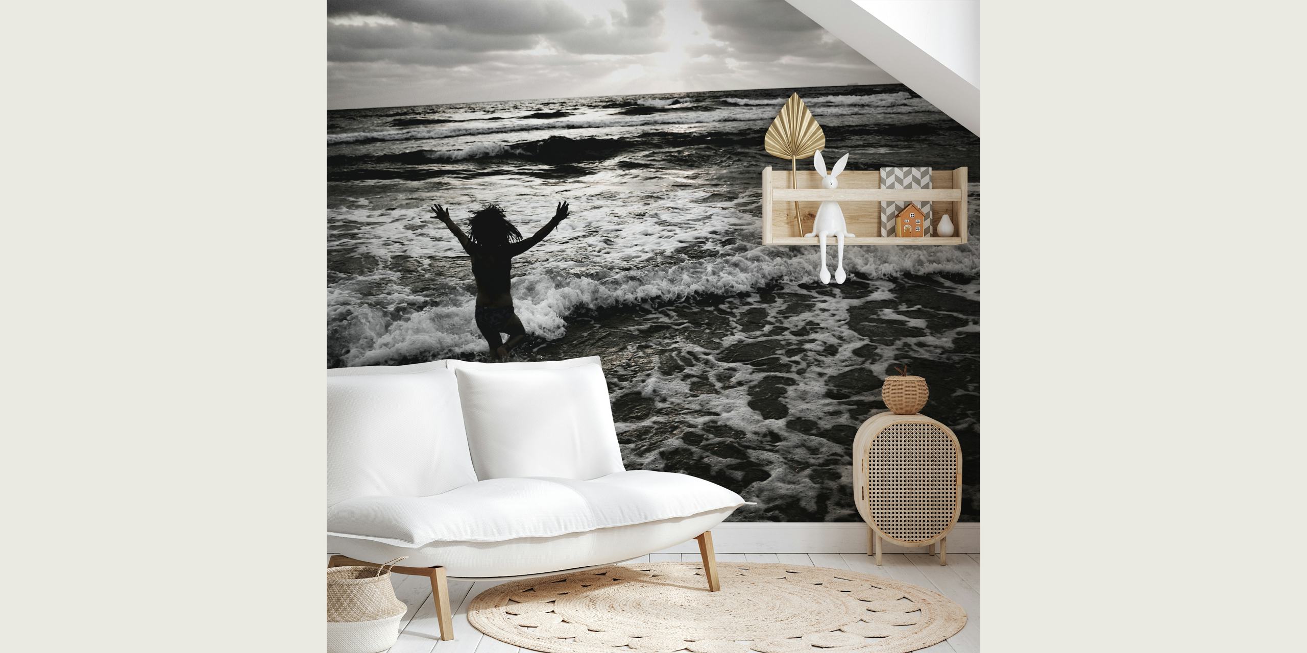 Person jumping in the ocean with waves crashing around, black and white wallpaper