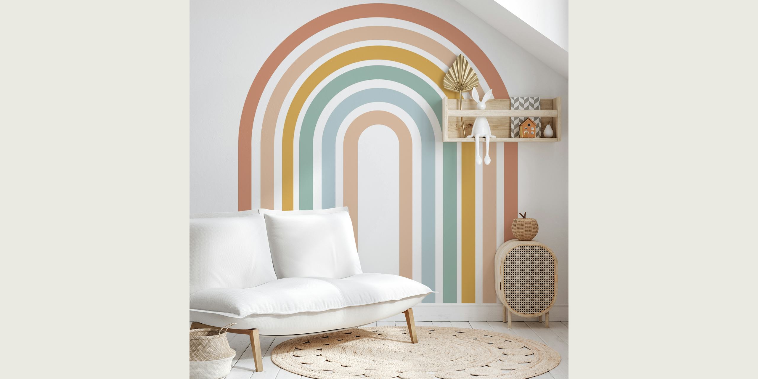 Moderne Boho Tapete mit Regenbogenlinien in sanften Farben