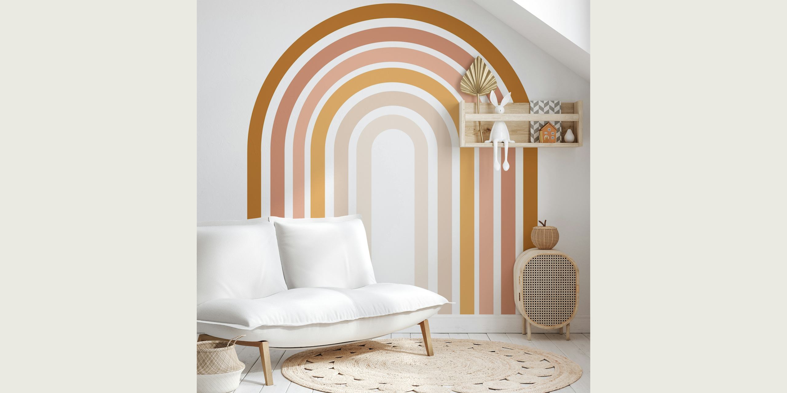 Moderni Boho Rainbow -seinämaalaus pehmeillä pastellikaareilla