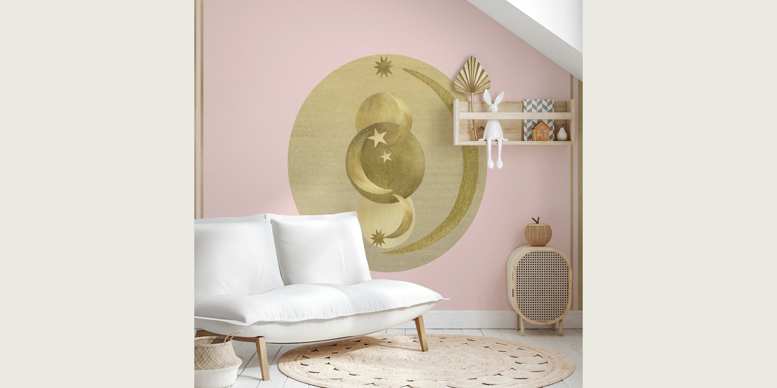 Blush gold moons and stars on pink background wallpaper