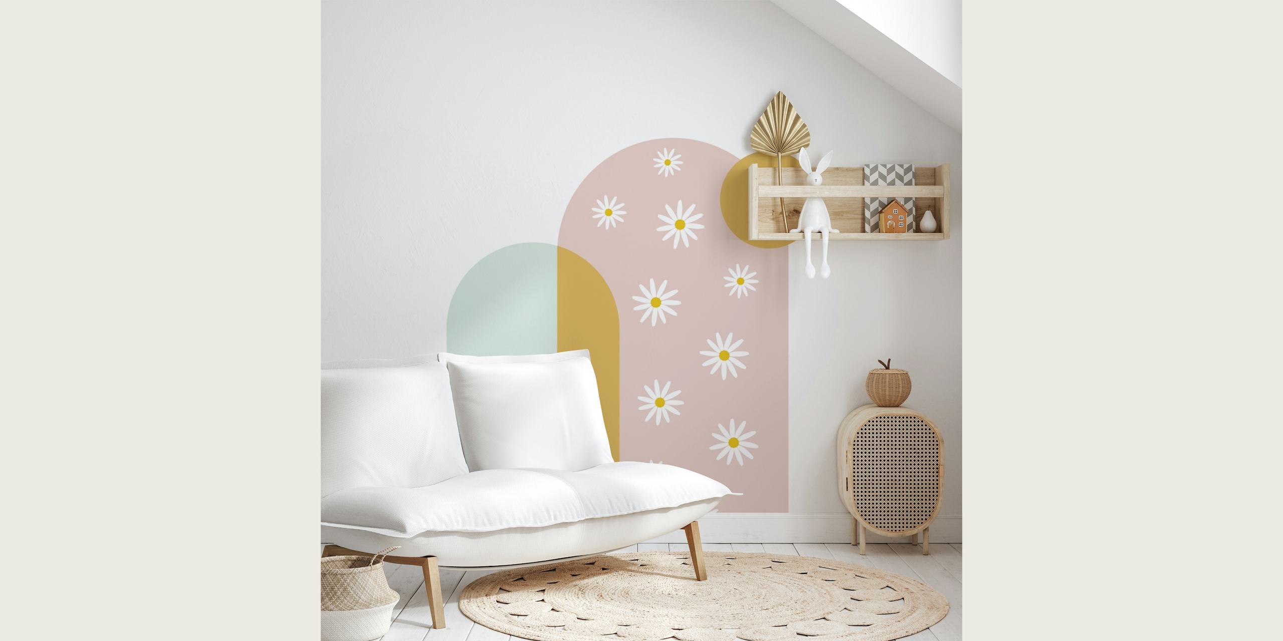 Modern boho daisy arch wallpaper in a room