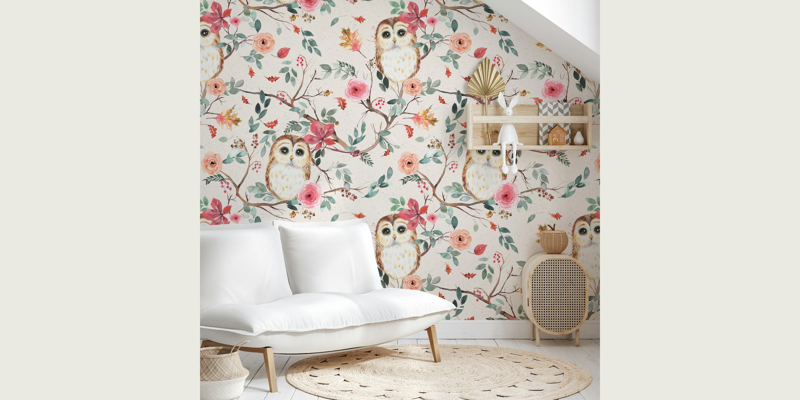 Cute owls wallpaper with flowers and branches