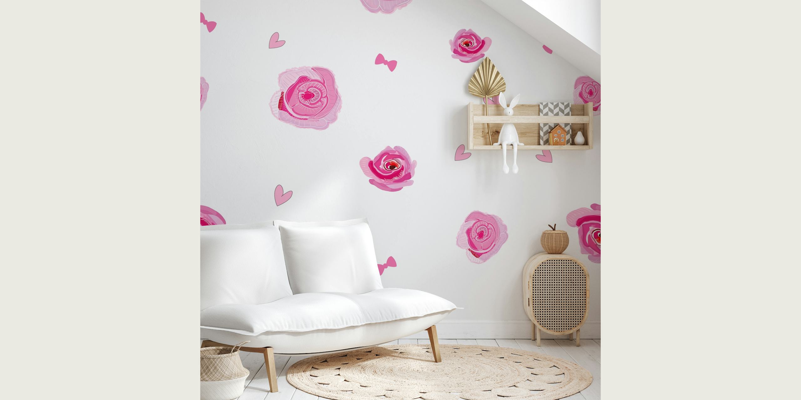 Hand-drawn pink roses and hearts on white background wallpaper