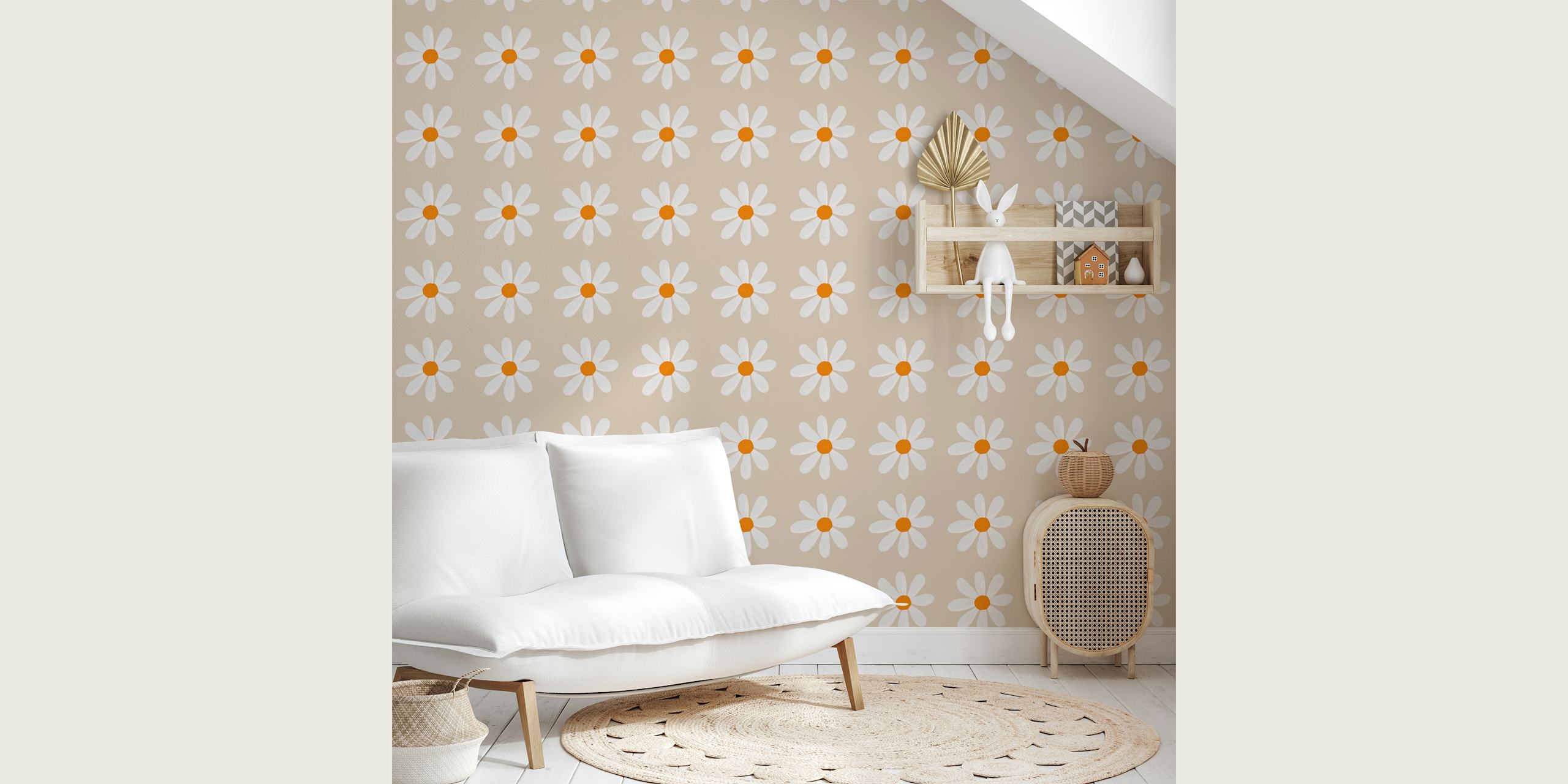 Boho Daisy Pattern -seinämaalaus, jossa toistuva päivänkakkarakuvio neutraalilla taustalla