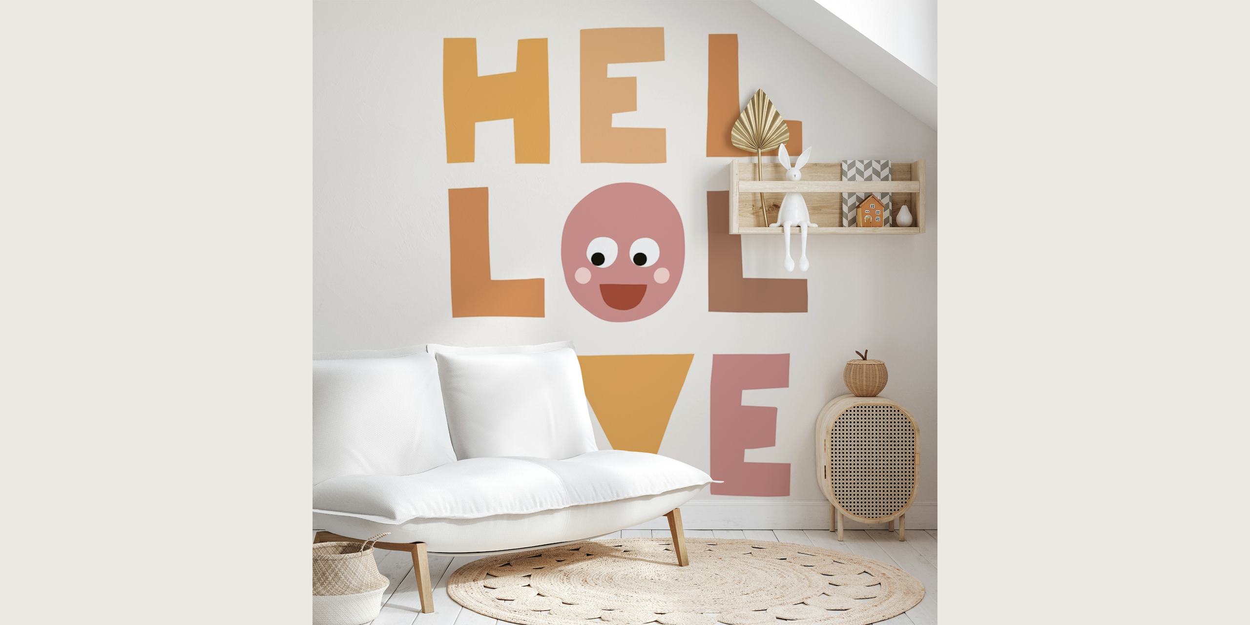 Hello Love boho wallpaper with warm colors and playful characters