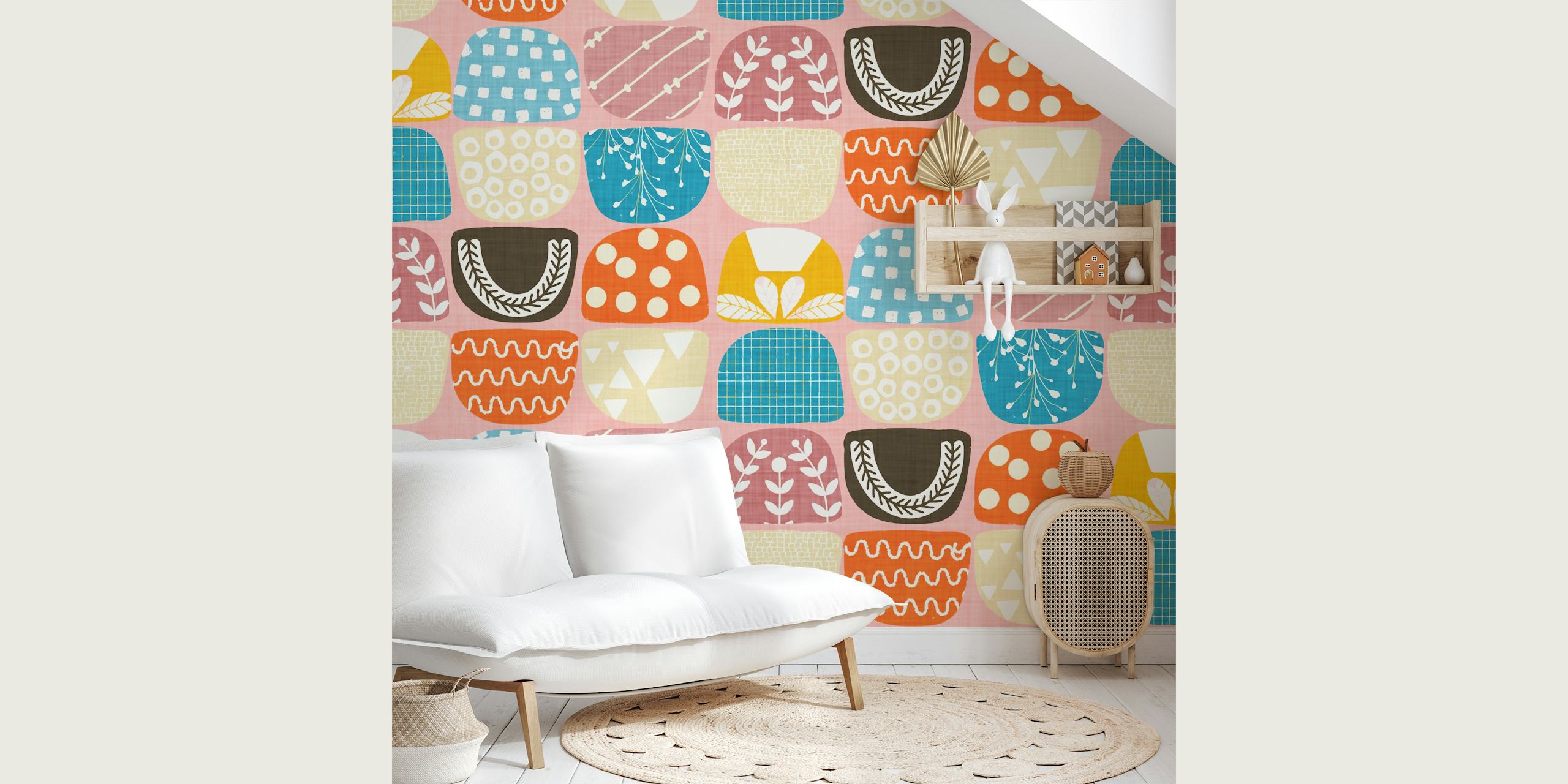 Mural de parede musgos rosa com motivos de musgo estilizados e padrões geométricos em tons pastel
